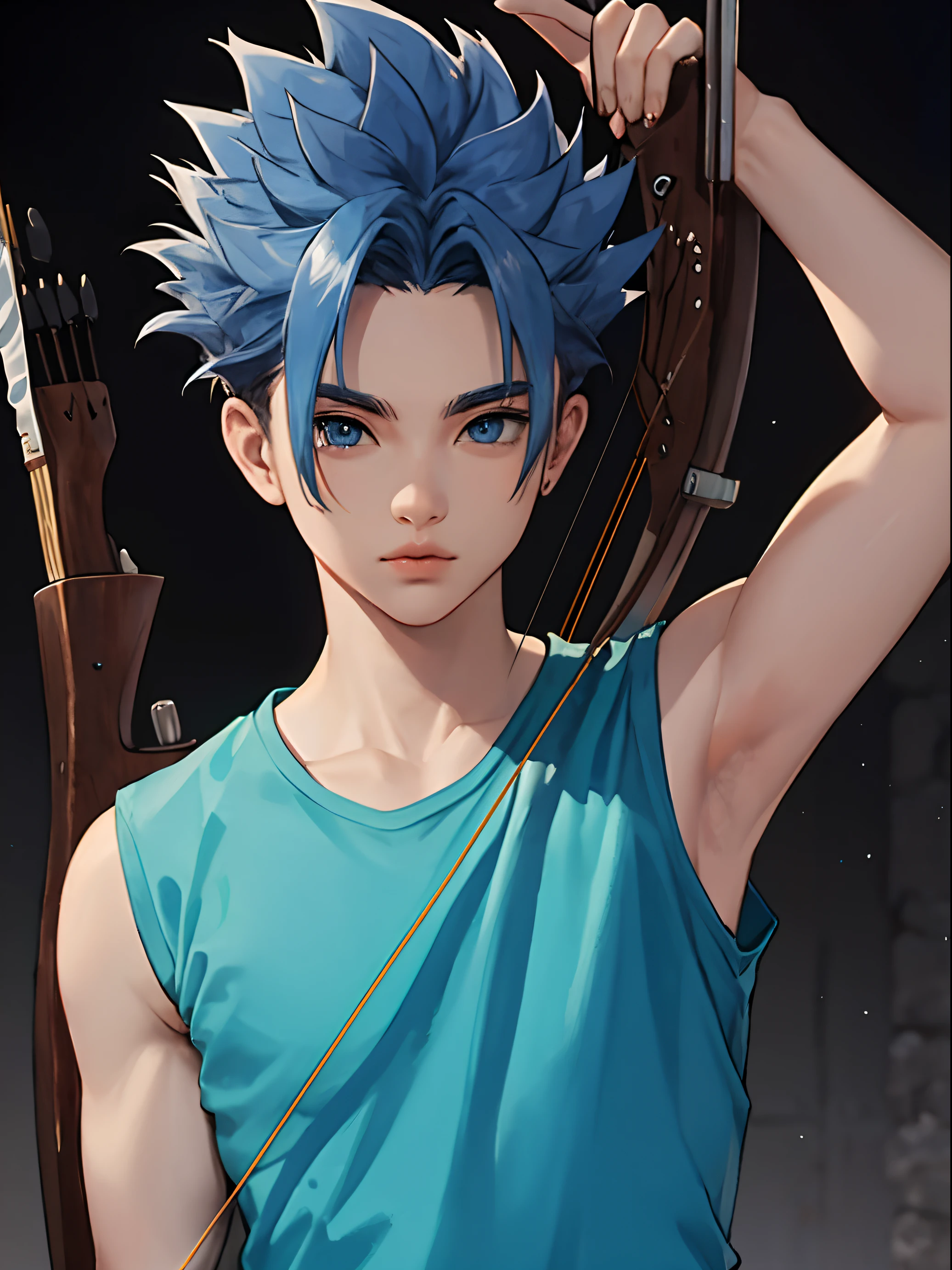 masterpiece, best quality, high quality, 1boy, solo, male focus, looking at viewer, upper body, arden, blue hair, blue eyes,doing archery, sleeveless shirt, arm up