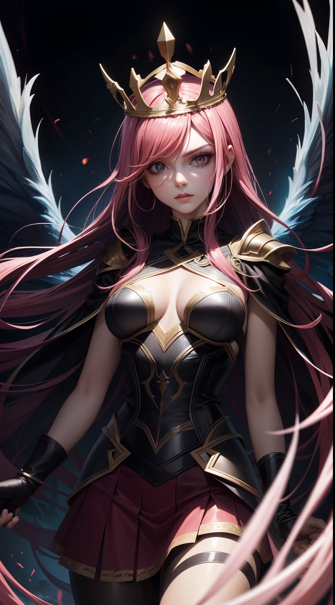 queen of fire character, pink hair, tight body, short skirt, a crown olhos com brilho, made of flames, photorealistic, epic, dramatic lighting lora:add_detail:0.5 /negative muito dedo, pouco dedos, rosto borrado, corpo estranho, olhos torto, olhos vermelho, Multiple Face, corpo desproporcional, coxas desproporcional, Disproportionate arms, Multiple Body,