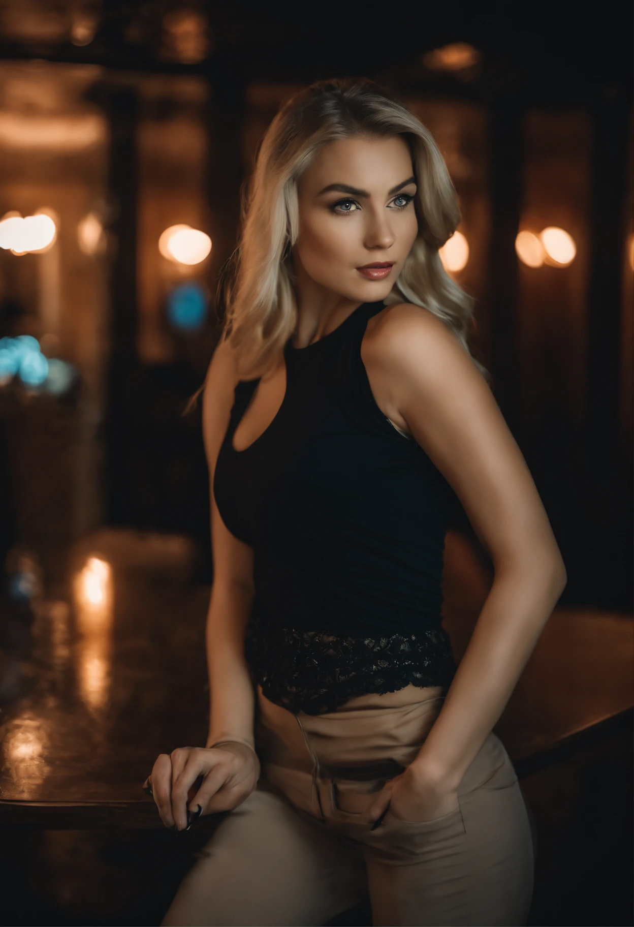 Blonde woman with matching tank top and cropped pants posing in a nightclub, fille sexy aux yeux bleus, Portrait Sophie Mudd, Street in the Background, Best quality, 1fille, Portrait de Corinna Kopf, cheveux noirs Long s et grands yeux, selfie of a young woman, ohne Maquillage, maquillage naturel, Look directly into the camera, Visage ronde, dezentes Maquillage, Superbe photo du corps entier, dans la chambre, gros seins, Blonde, Latin