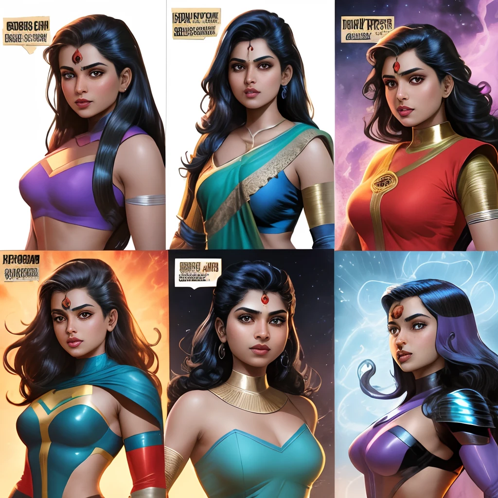 south asian, Indian female, with blue-purple magic, in the marvel universe comic panels