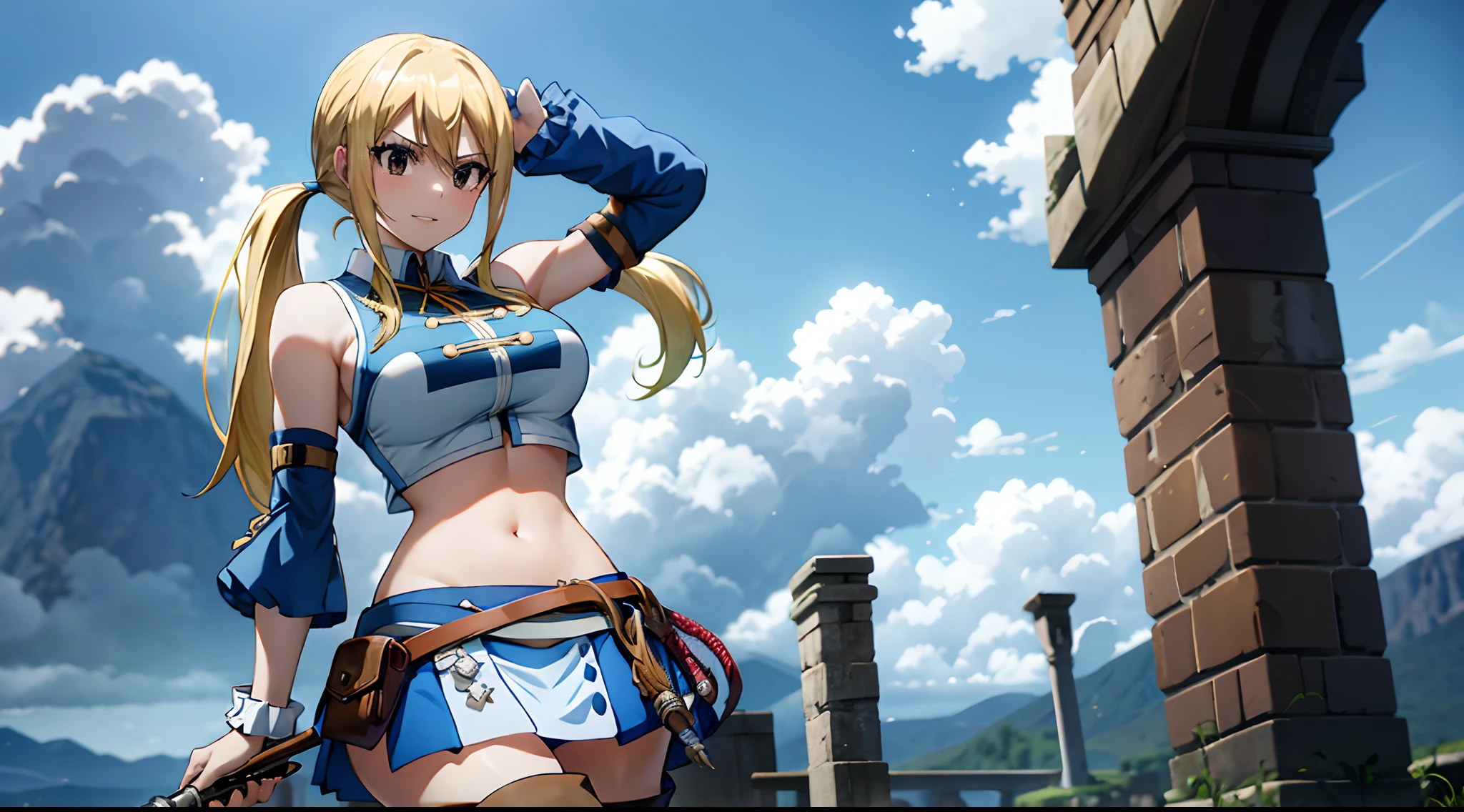 absurdres, high res, ultrasharp, 8K, masterpiece, looking at viewer, grin, lucy heartfilia, blonde hair, twintails, large breasts, white shirt, sleeveless, belt, blue skirt, midriff, detached sleeves, black thighhighs, long hair, side ponytail, black skirt, strapless, cropped vest, blue ribbon, earrings, thigh boots, blue shirt, sleeveless shirt, white skirt,