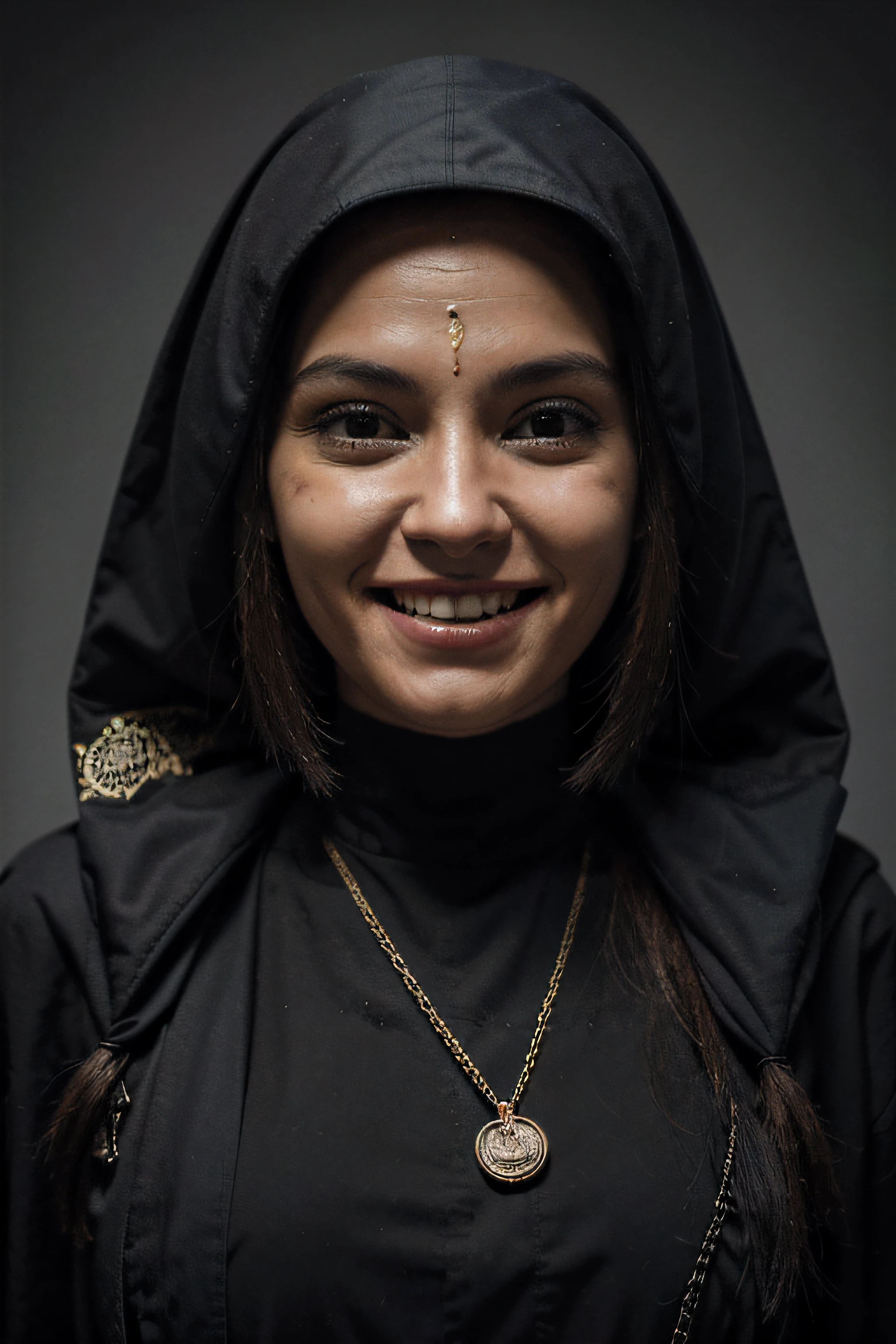 Woman with a mask on her face and a chain around her mouth, sonrisa inquietante, Una monja malvada, Toxic smile. Jan van Eyck, sonrisa espeluznante, sonrisa malvada espeluznante, sonrisa de horror, horror photography, sonrisa aterradora, sonrisa loca, sonrisa horrible. horror, sonrisa malvada, Closeup. boca abierta, por Artur Tarnowski