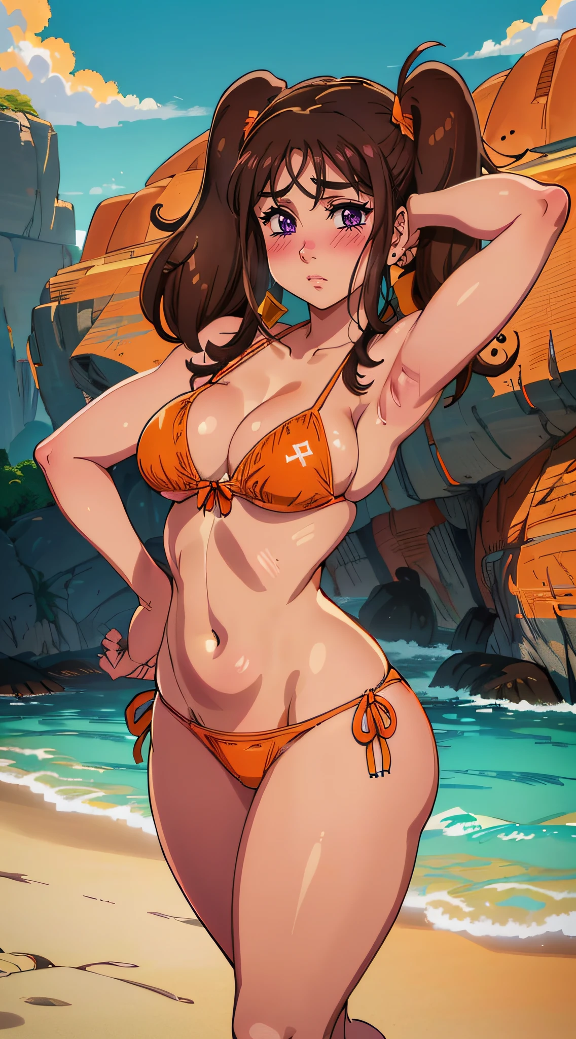 (melhor qualidade:1.3), (qualidade 4K), Diane por Nanatsu no taizai, ((Rosto detalhado)), ((body curvy)), ((corar)), ((brown hair)), ((Cabelo de rabo de porco)), (peitos grandes), clivagem, sexy, (((orange thong bikini ))),