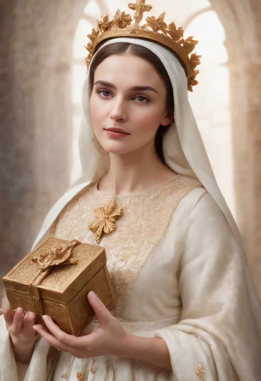 Drawing of a woman holding a beautiful box in her hands, Virgem Maria,  queen of heaven, arte bonita, Pintura de Bonito, beautiful depiction, Retrato da Virgem Maria, catholic religious art, Rosen Maiden, Sagrado e belo, com um fundo marrom, Boregov, A obra-prima de Guweiz, Arte sacra, Christian art, Pintura religiosa、sorrindo