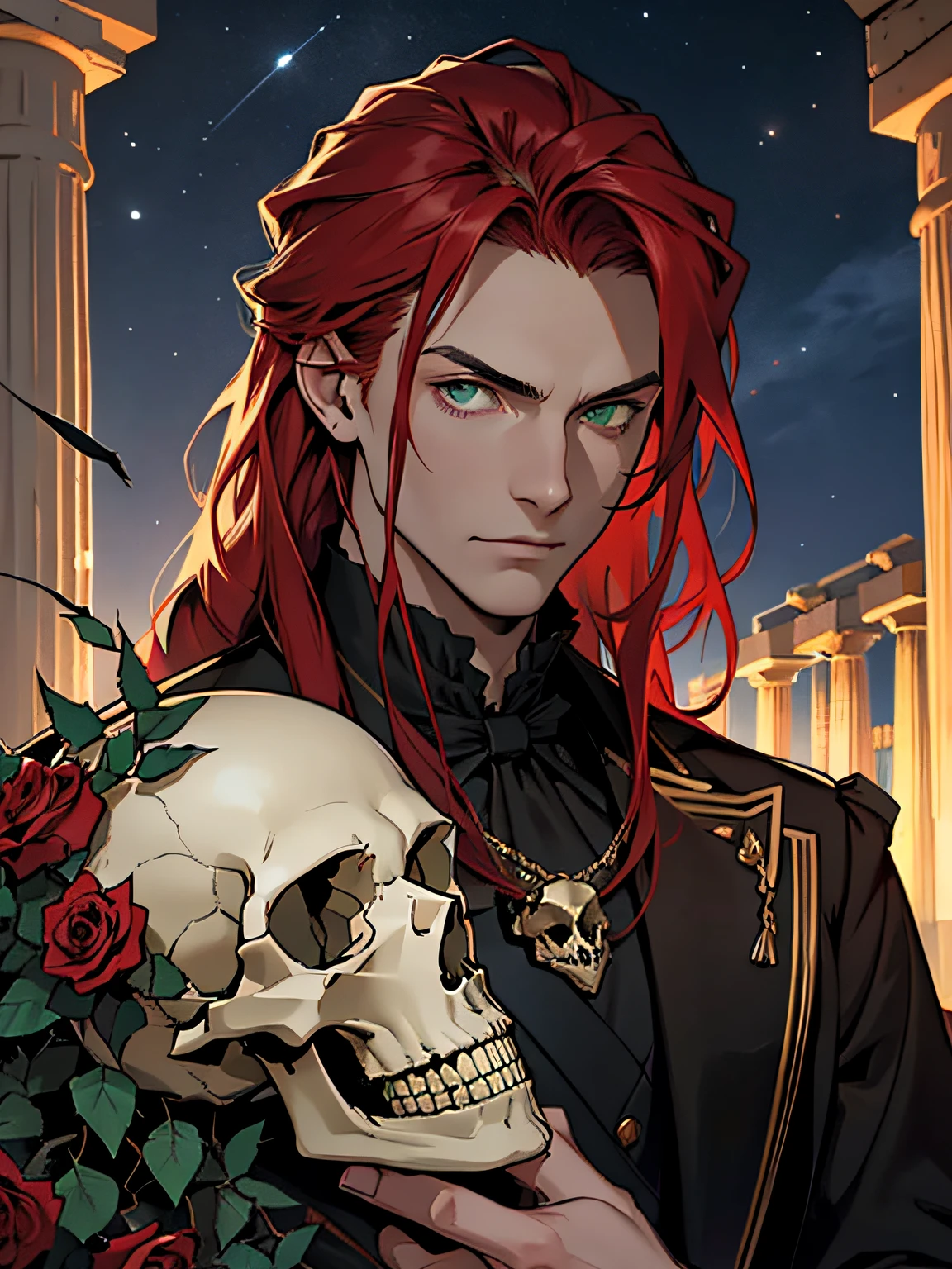 Tall man, red hair, sharp green eyes, delicated face, superior vibe, they're so beautiful to look at. He has long hair and toned body. He is seen wearing a victorian noble dark clothes full of details. Greek temple background full of roses and thorns, night sky, portrait, arrogant and INTJ, holding a skull, portrait