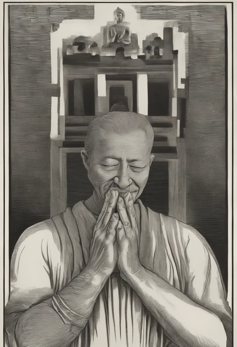 In the dark, a bony black hand with outstretched fingers stretches out, creepy ambiance, Buddhist Painting, Black & White, gloom, anxiety