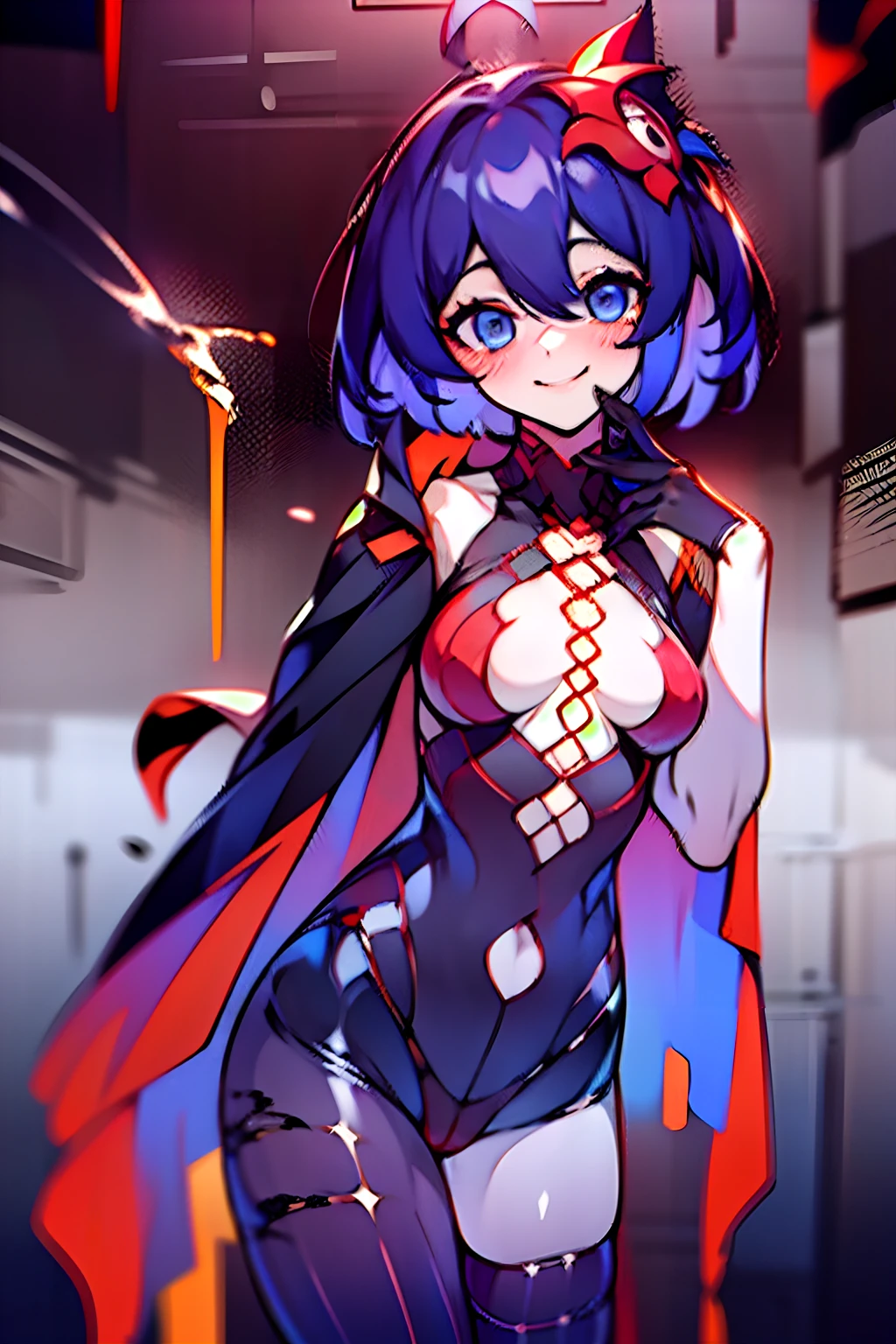 1girll, 独奏, standing on your feet, hair adornments, Blue eyes,, mechanicalparts, electrical wires, electric cables, Failure effect, terroral, sci-fy, A futuristic, background inside dark, neonlight, cyber punk perssonage, hyper realisitc, eerie, unnerving, spine-chilling, terroral, onesie,Blue eyes,Venom possession,Blackened,Long blue gloves,Jumpsuits,Skinny one-piece latex clothing,Highlight her gorgeous figure,Wrap the whole body,symbiote,((Raised sexy)),onesie,Blue eyes,Venom possession,Blackened,Long blue gloves,Jumpsuits,Black latex clothing,Blue eyes,Best quality, high resolution, Ultra-detailed, Vivid texture, Mask, Skinny one-piece latex clothing, bangs, Blue hair,Wear socks,Blackened,Wrapped in black slime,A sad expression,Say goodbye to the gaze,Red coat,long eyelasher, solid circle eyes, Light smile, Ear blush, Dark blue hair, hair between eye, Short hair,, Mad eyes,, Crazy smile, Sad smile, Evil smile, crazy, jitome, shaded, Yandere, chin grab, disdain, Evil, Crazy smile, Colored inner hair, Blue hair, Dark blue hair, surrealism, shadowing, anaglyph, stereograms, tachi-e, angle of view, Atmospheric perspective, Chiaroscuro, Cinematic lighting, 8K, Super detail, ccurate, Best quality, hyper HD, retinas, Masterpiece, Textured skin, Award-Awarded, A high resolution, Best quality, Super detail, best qualtiy, 8K, digitial painting,Red coat,Anime girl in red cape