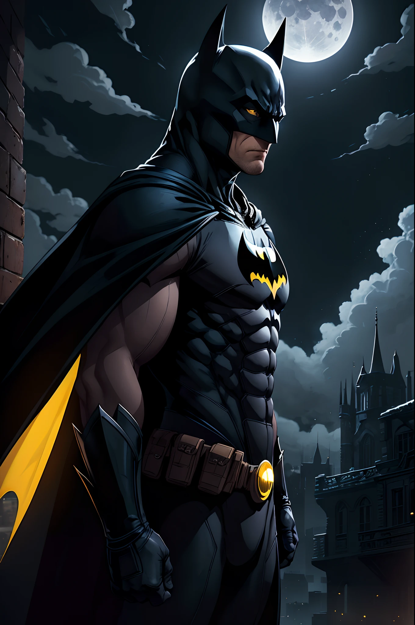 Title: "Moonlit Guardian"

Description: This wallpaper showcases Batman's home in the dark night, with a vibrant yellow moon shining brightly in the sky. The scene exudes an aura of mystique and intrigue, capturing the essence of Gotham City's vigilant protector.

The wallpaper depicts a narrow alleyway, flanked by towering buildings on either side. The brick walls are adorned with graffiti, adding a gritty urban atmosphere to the composition. Soft, dimly lit street lamps cast elongated shadows along the ground, hinting at the secrets that lie within the city's underbelly.

In the distance, the iconic Bat-Signal projects a beam of light into the night sky, cutting through the dense clouds. The signal's silhouette is visible against the backdrop of the moon, symbolizing Batman's constant watchfulness and readiness to defend Gotham.

The moon takes center stage in this wallpaper, its radiant yellow glow casting an ethereal light over the entire scene. Wisps of clouds partially obscure the moon, adding depth and texture to the sky. The surrounding stars twinkle faintly, serving as a reminder of the vastness of the universe and Batman's role in protecting his city.

In the foreground, Batman's home, Wayne Manor, stands as a grand mansion with Gothic architecture. Its dark silhouette contrasts against the moonlit sky, creating a sense of mystery and intrigue. The manor's windows emit a warm, inviting glow, suggesting Batman's presence within, preparing for the night's battles.

The overall color palette of this wallpaper is rich and atmospheric, with deep blues, purples, and blacks dominating the scene. The vibrant yellow of the moon acts as a focal point, drawing attention to Batman's eternal watchfulness and determination.

This wallpaper encapsulates the enigmatic and heroic nature of Batman, as he stands as Gotham City's moonlit guardian, forever ready to defend the innocent and bring justice to the dark night.