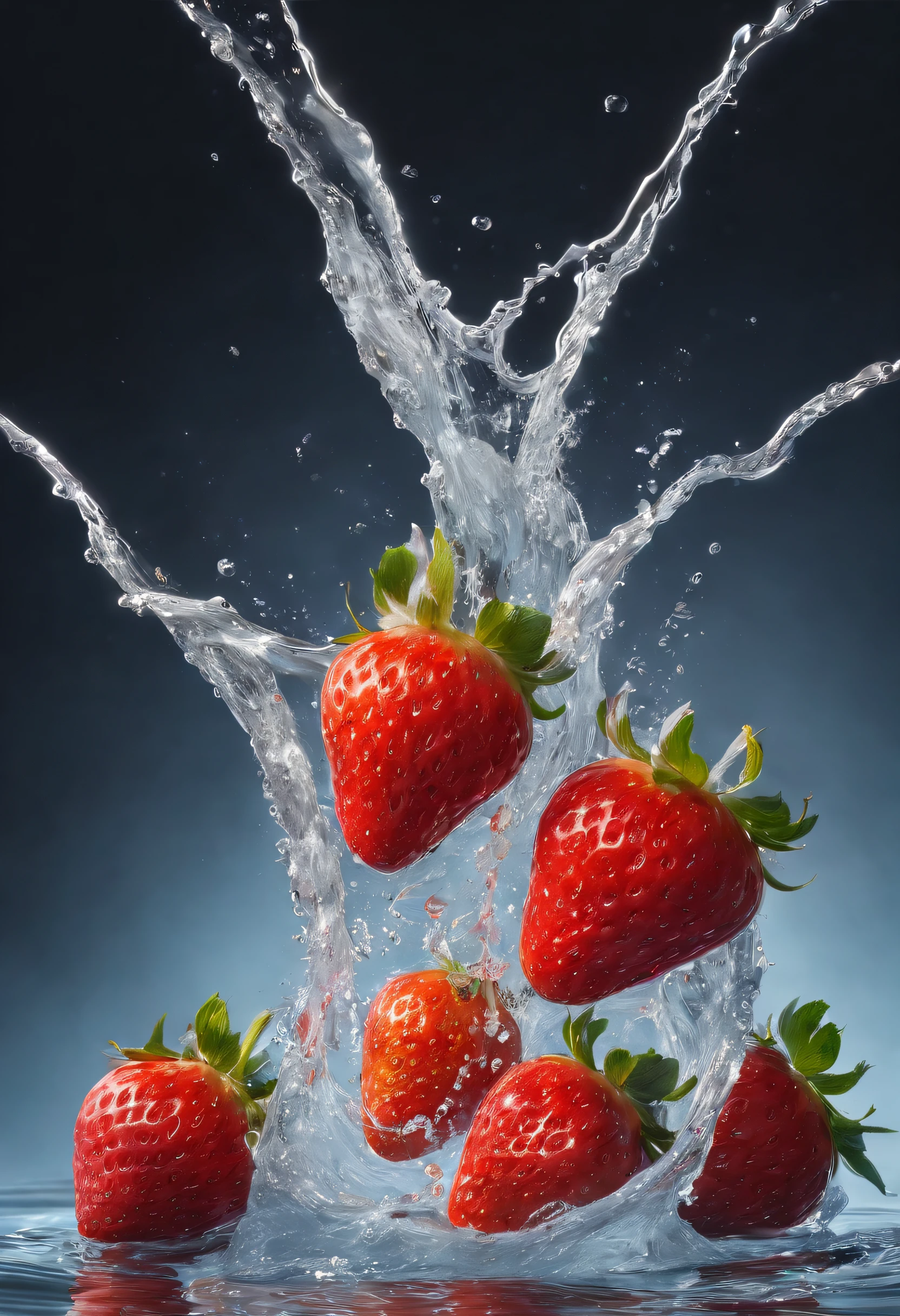 cinematic RAW photo,foto ultra real,Ultra foto realsisim,Digital SLR,soft lighting,Product photo of 5 strawberries falling into the water、Drippy、Splash clear liquid、water bloom,dynamic compositions,(master part) (best quality) (circunstanciado) (Cinematic lighting) (foco nítido) (intrincado), master part, best quality, ultrahigh-resolution, 8K UHD