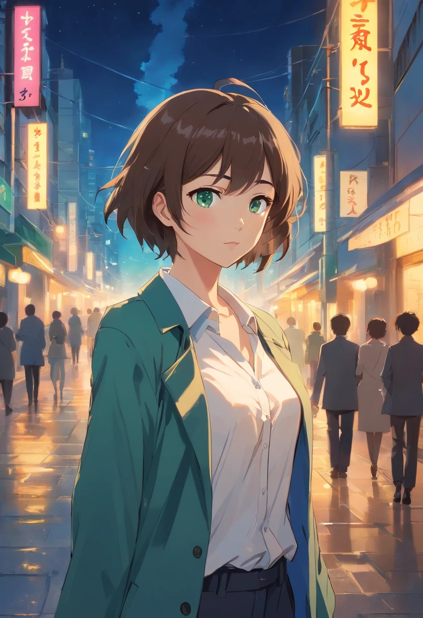 "Young woman, short brown hair that reaches her shoulders, fair skin, emerald eyes, wearing a white formal shirt loosely tucked in, a loosely tied and disheveled tie around the shirt collar, formal black pants, and a large beige trench coat on top. She is walking down a Tokyo street under the moonlight, during the night, lighting her cigarette with her lighter. The lighting is in shades of blue except for the lighter flame, which is yellow with bright and vibrant tones. This woman has a melancholic appearance."