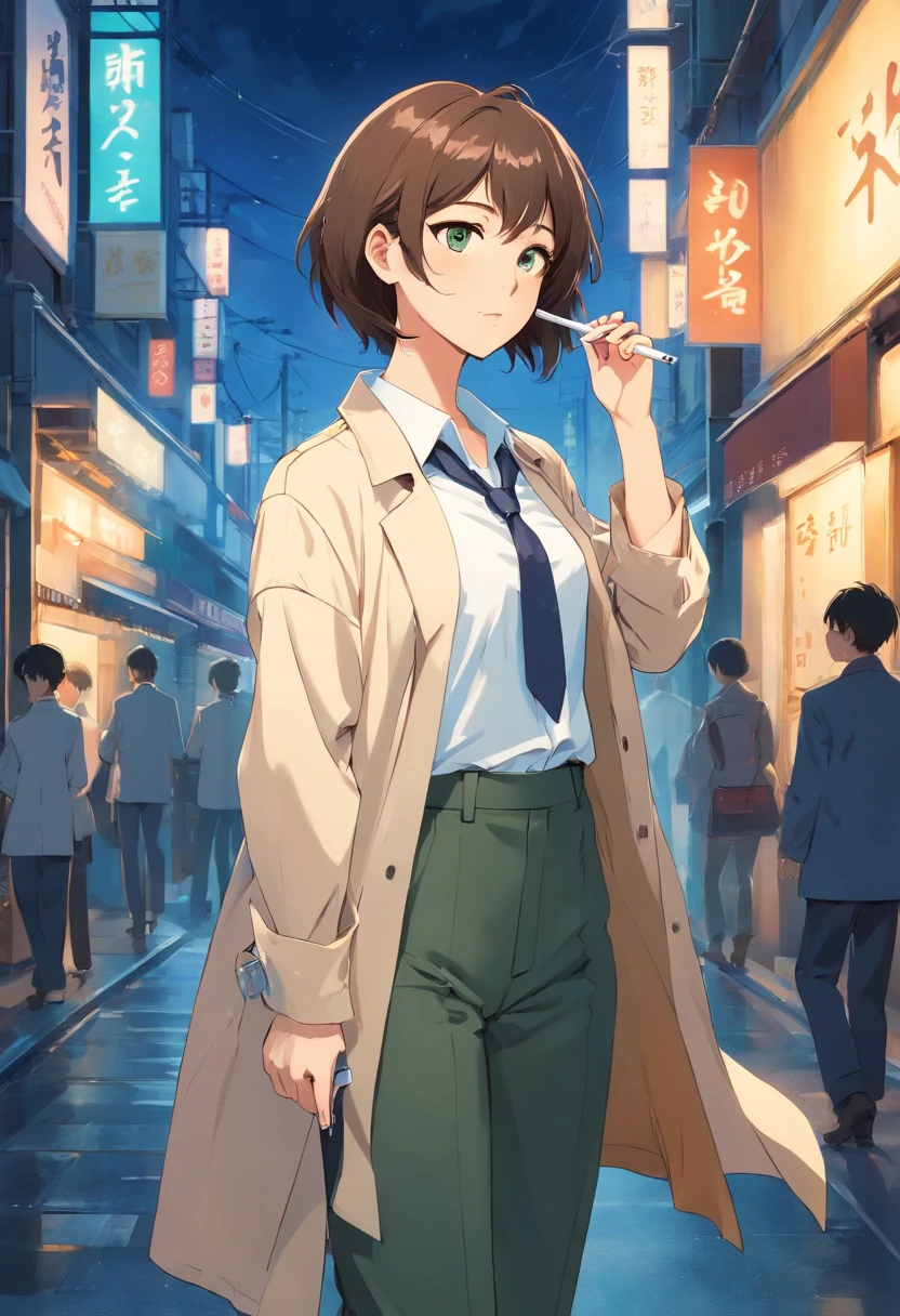 "Young woman, short brown hair that reaches her shoulders, fair skin, emerald eyes, wearing a white formal shirt loosely tucked in, a loosely tied and disheveled tie around the shirt collar, formal black pants, and a large beige trench coat on top. She is walking down a Tokyo street under the moonlight, during the night, lighting her cigarette with her lighter. The lighting is in shades of blue except for the lighter flame, which is yellow with bright and vibrant tones. This woman has a melancholic appearance."
