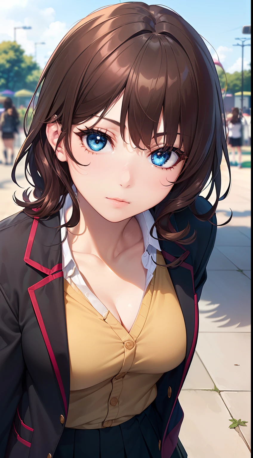 ((master part, best quality, Altas, UHD, pixel perfeito, profundidade de campo, 4k, RTX, HDR))), 1girl, only one, sozinho, menina anime bonita, estilo de arte bonito, personagem de anime, ((cabelos longos, franja, brown hair, curly hair:0.8)), ((olhos verdes:1.4, olhos arredondados, beautiful eyelashes, olhos realistas)), ((Rosto detalhado, Corar:1.2)), ((textura suave:0.75, Realistic texture:0.65, fotorrealista:1.1, estilo anime CG)), medium breasts, Dynamic angle, Corpo Perfeito, ((retrato, Pov)), ((gravata borboleta vermelha, Uniforme escolar, Black jacket, jaqueta aberta, Brown Cardigan, camisa branca, black skirt, Saia xadrez)), sorrir, amusement park