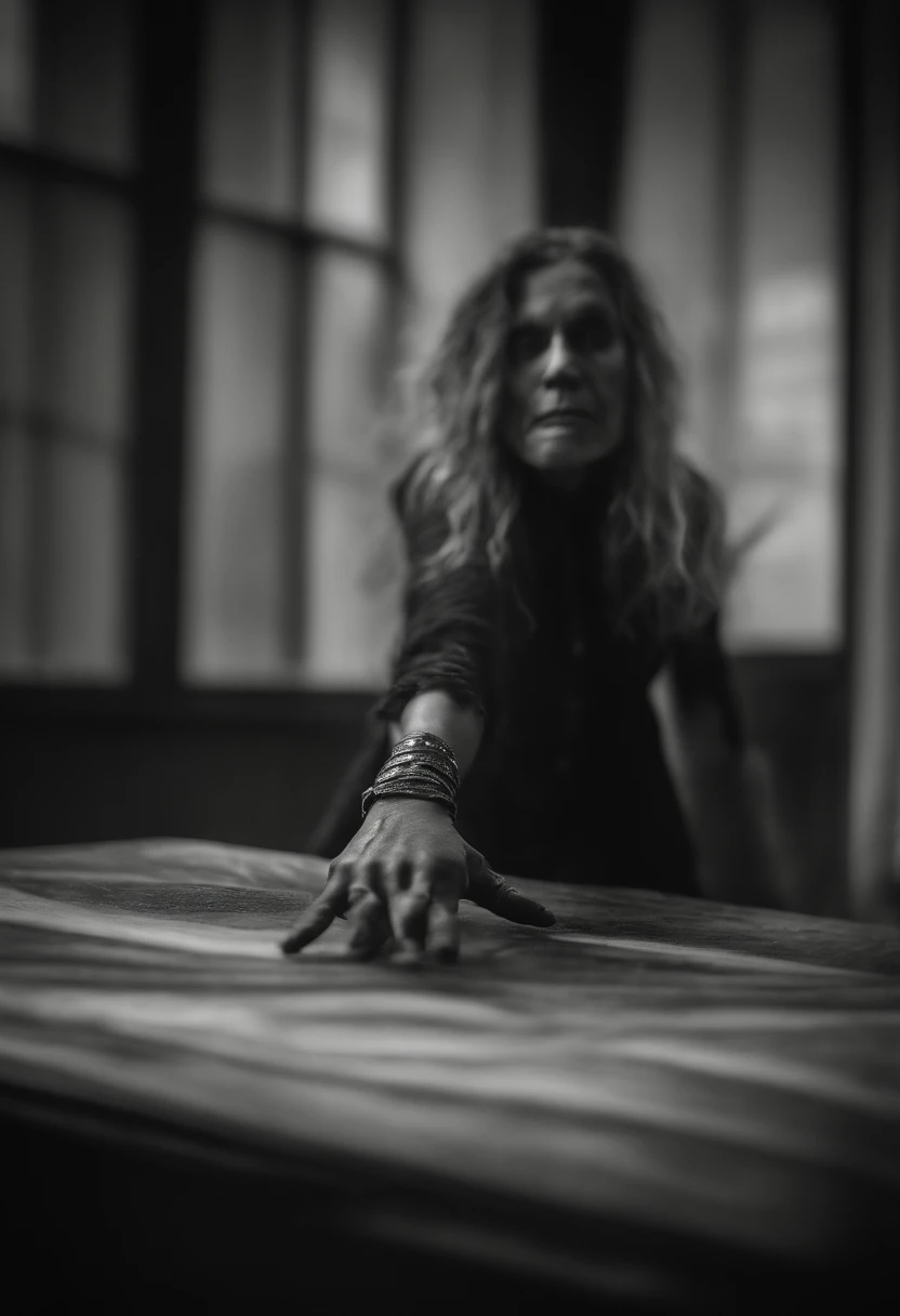 Darkness, A bony black hand with outstretched fingers stretches out, creepy ambiance, painting, black and white, gloom, anxiety