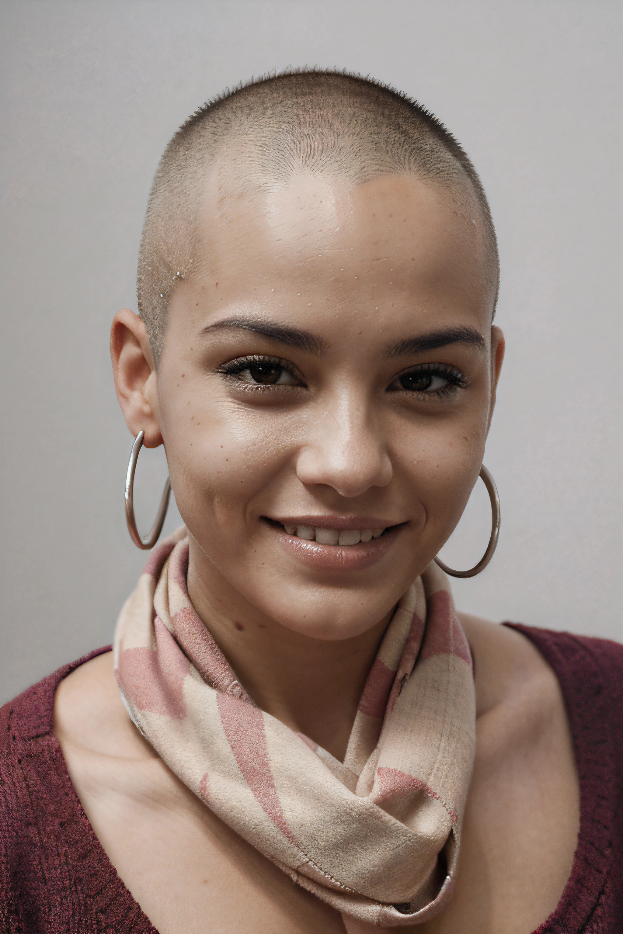 Arafed woman with shaved head and pink scarf smiling, Cabeza afeitada, cabeza calva afeitada, sin cabello completamente calvo, Calva, parcialmente calvo, Retrato de Calvo, pronto, cabello afeitado, sin pelo, pelado, un calvo, Afeitado, cabello zumbado, cara afeitada, calva, corte de zumbido, Buzz Cut Cabello, bald lines, Cara afeitada