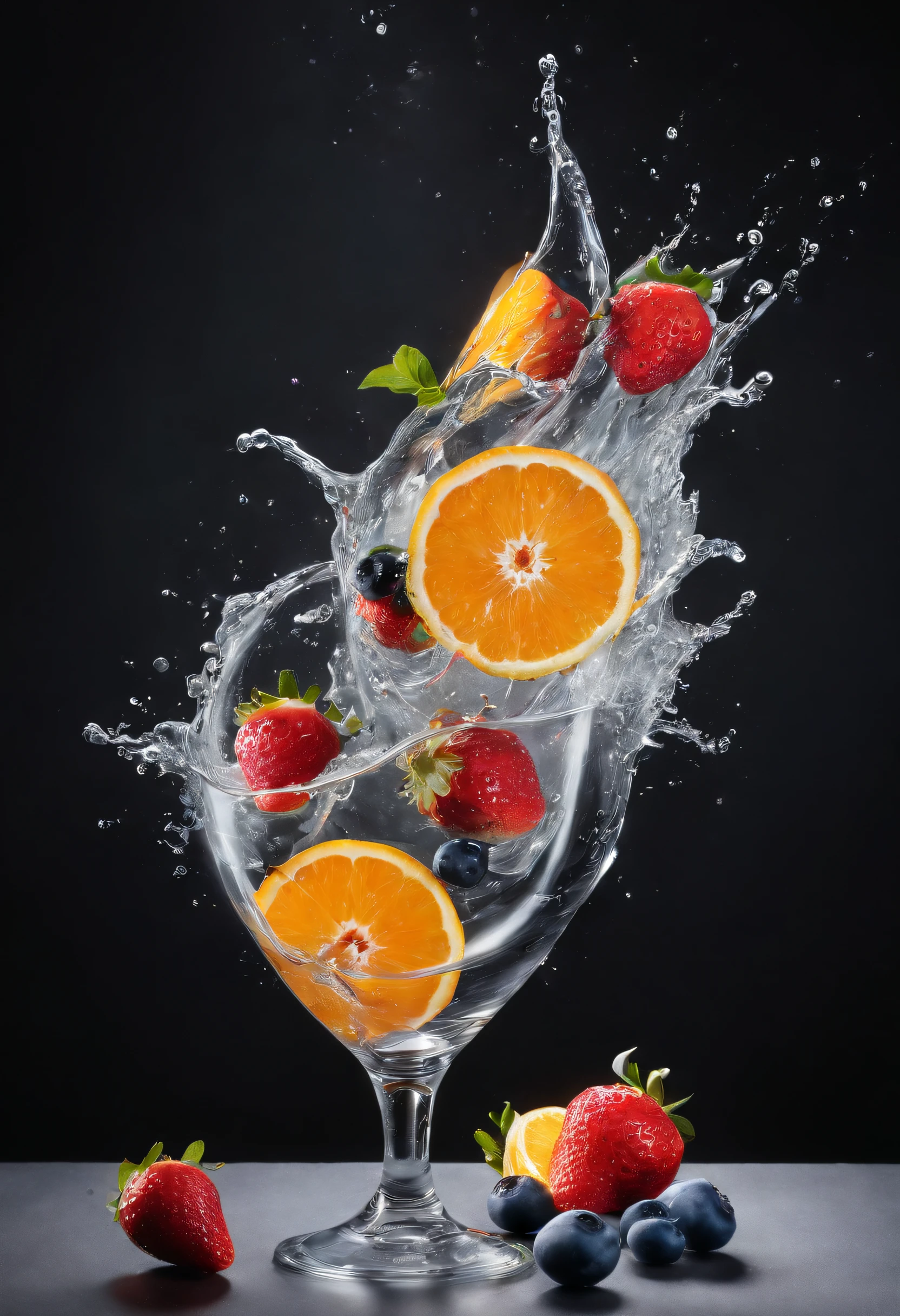 (Cinematic Photo:1.3) of (Realistic:1.3) a studio shot of a (exploding:0.2) (Fruit in low gravity:1.1) (Splashing:0.9) a glass of water with strawberries, oranges and blueberries in it, splash image, full-color, on a canva, splashes of liquid, drinks, a fruit basket, strong red hue, hgh, evokes delight, water swirling, by Fred Marcellino, top selection on unsplash, professional food photography, art photography. black background