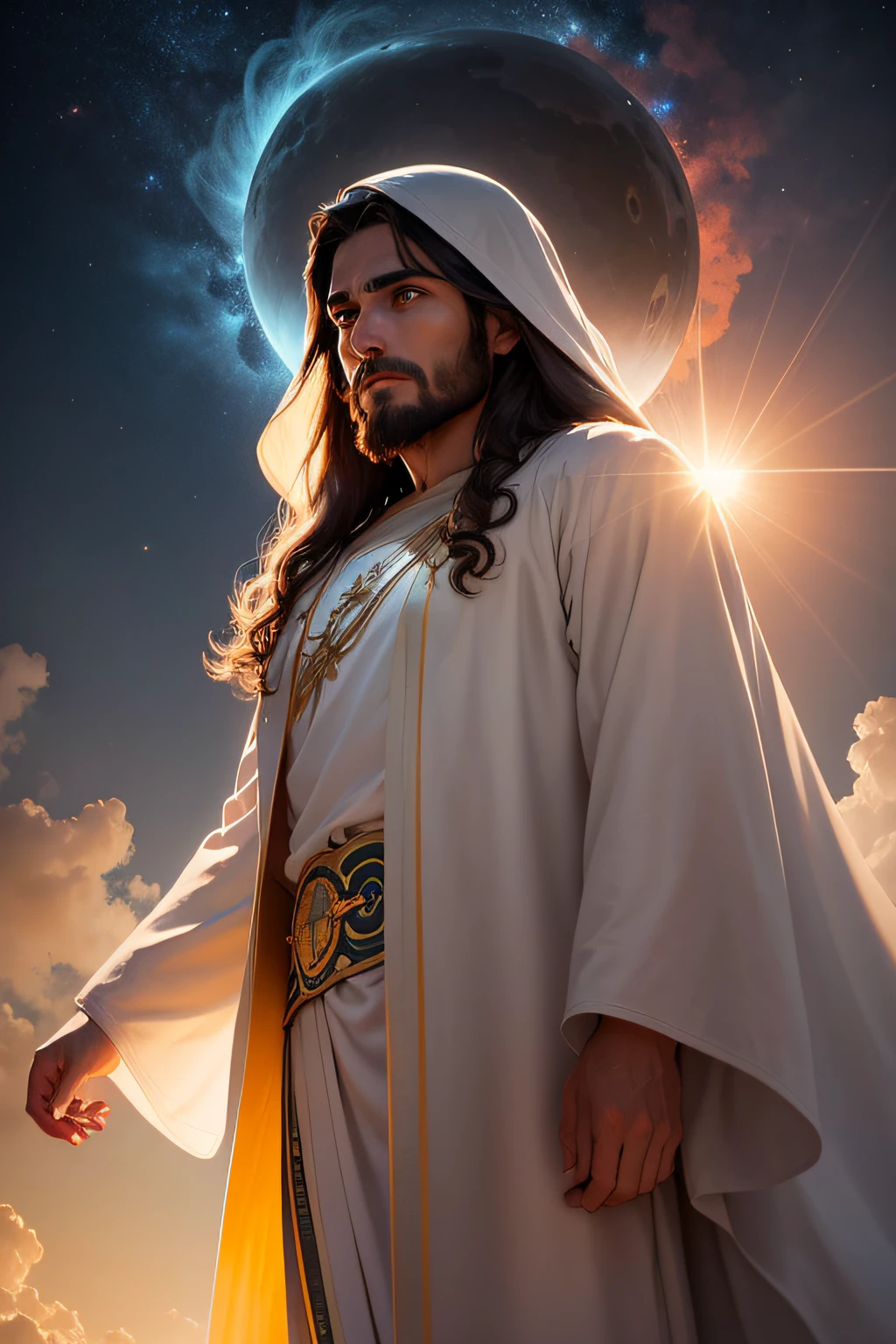 "Jesus Cristo descendo de Nuvens majestosas suavemente iluminadas por raios dourados de luz solar, evoking its emergence at the beginning of time in an unforgettable environment, beijado por uma brisa suave, Um olhar de cima"