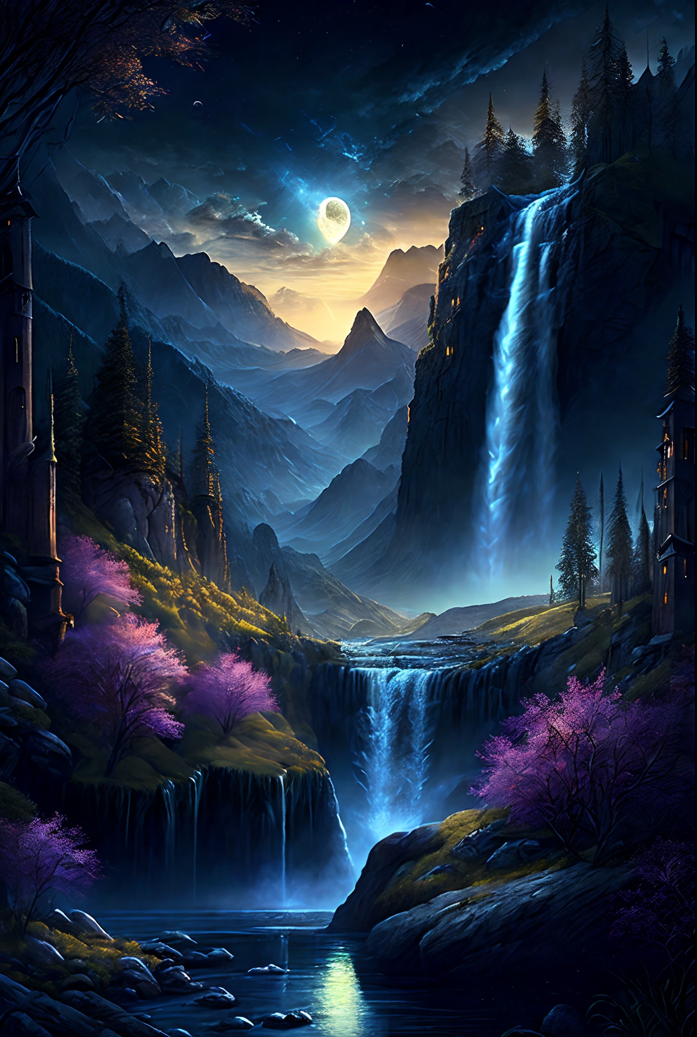 masterpiece, best quality, highest detail, a stunning gothic fantasy landscape at night, mystic waterfalls, bewitching dark mountains, harvest gothic moon, epic artwork, 32k resolution