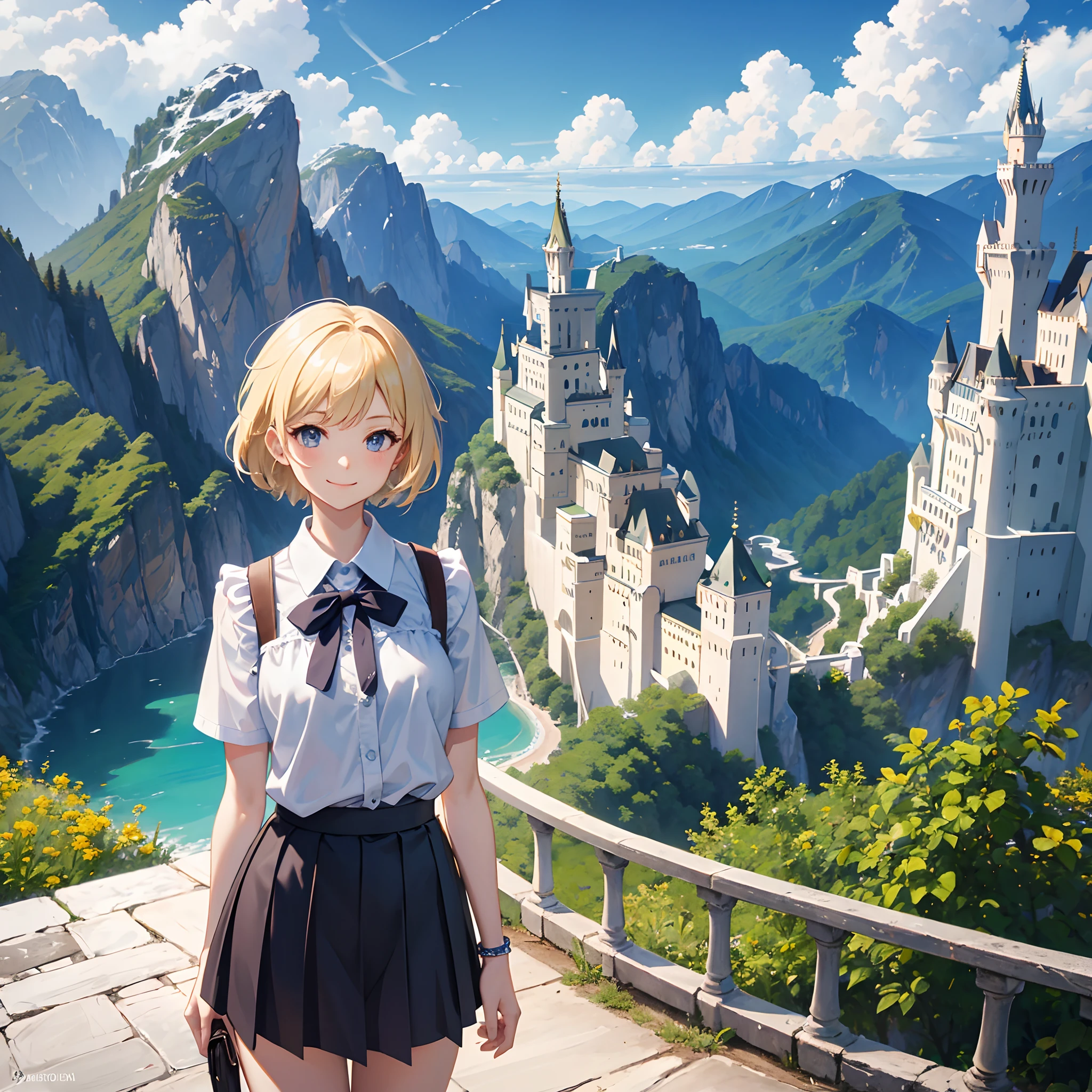 Masterpiece, 1 girl, smiling, european, skirt, (small) chillerism, short blonde hair, Neuschwanstein Castle, summer