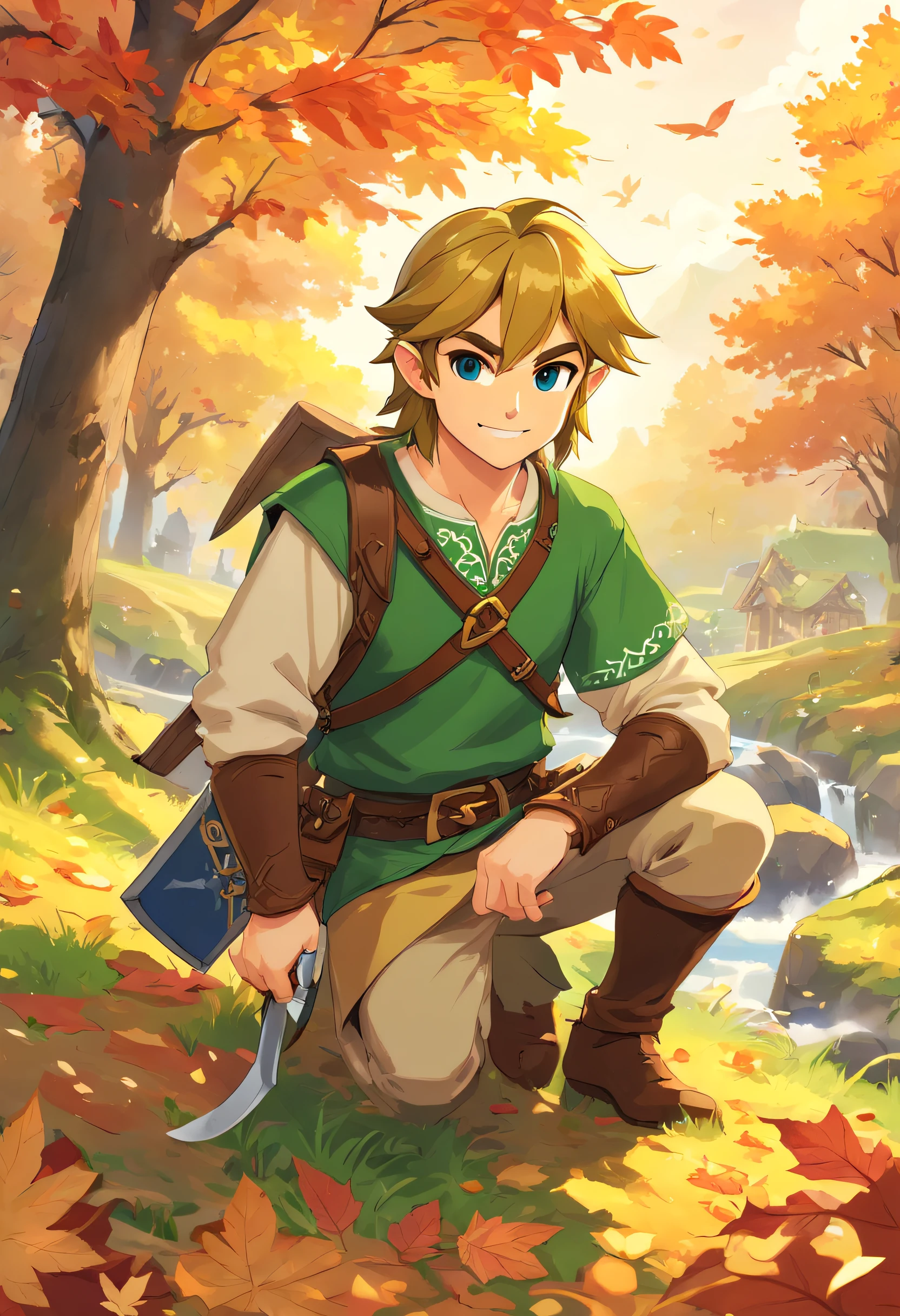 (((masterpiece))),best quality, autumn scenery, 1man, warm color, short hair, smile, calm expression