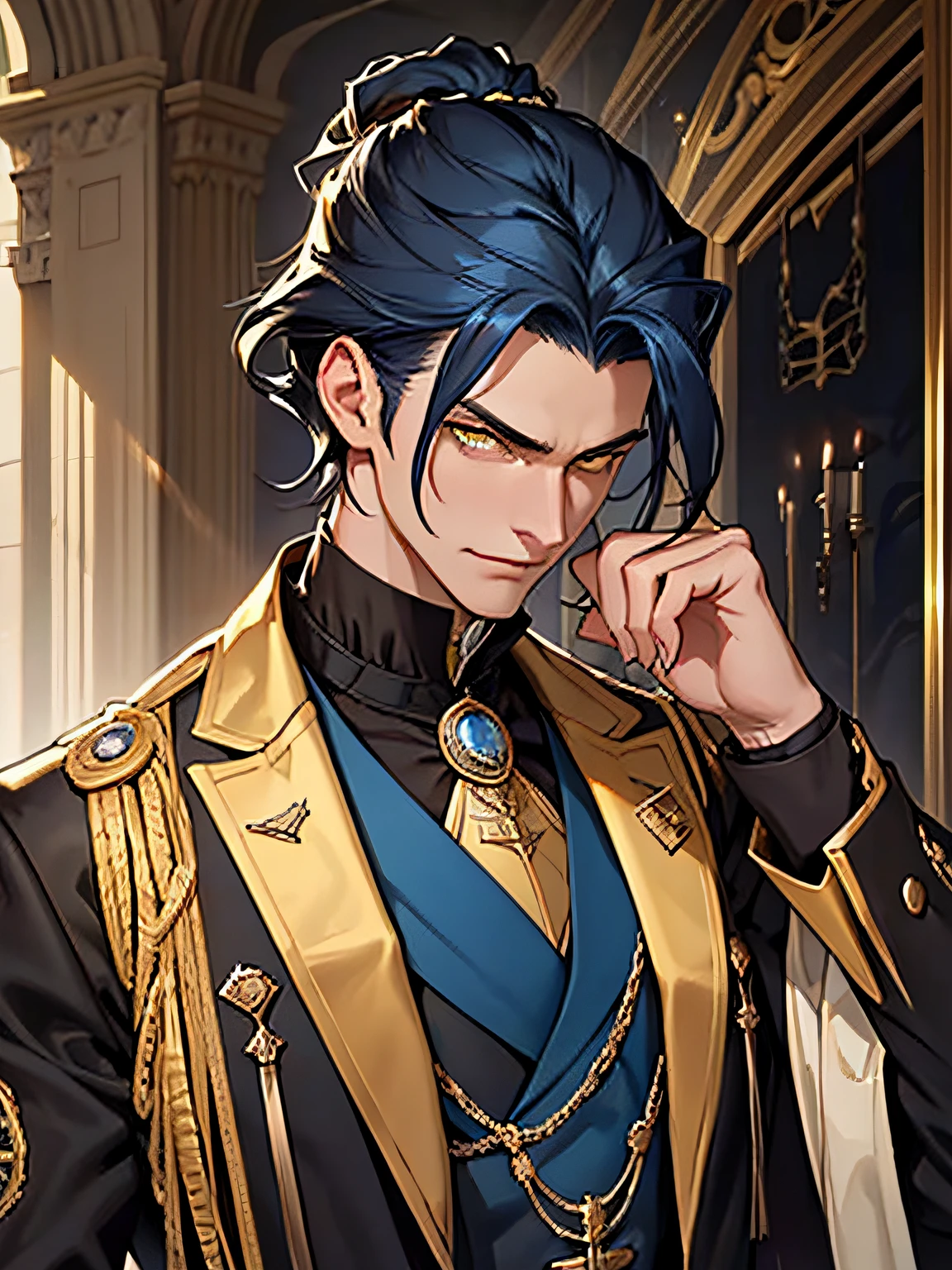 Tall man, 20 years old, dark blue hair, sharp yellow eyes, delicated face, superior vibe, they're so beautiful to look at. He has medium lenght hair and toned body. He is seen wearing a victorian noble dark clothes full of details. Palace room background, golden details, richness, aristocracy, arrogant and INTJ, portrait