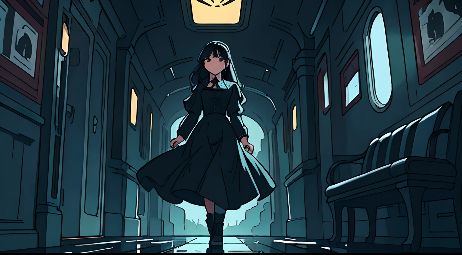 beautiful and asethetic, masterpiece, movie poster, best quality, drawing of a of a wide shot of a friendly long black haired woman with a high collared all black long-sleeved victorian dress, walking scared through a empty, old fashioned dark train-station corridor, raining indoors with water pooled at her feet dynamic pose, abstract, by james jean style, fantastical elements