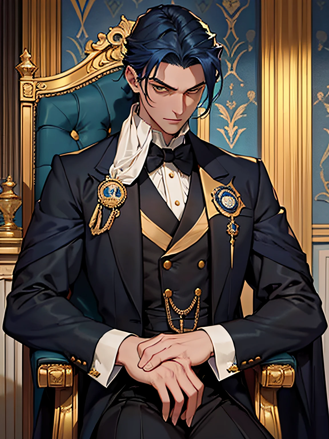 Tall man, 20 years old, dark blue hair, sharp yellow eyes, delicated face, superior vibe, they're so beautiful to look at. He has medium lenght hair and toned body. He is seen wearing a victorian noble dark clothes full of details. Palace room background, golden details, richness, aristocracy, arrogant and INTJ, portrait