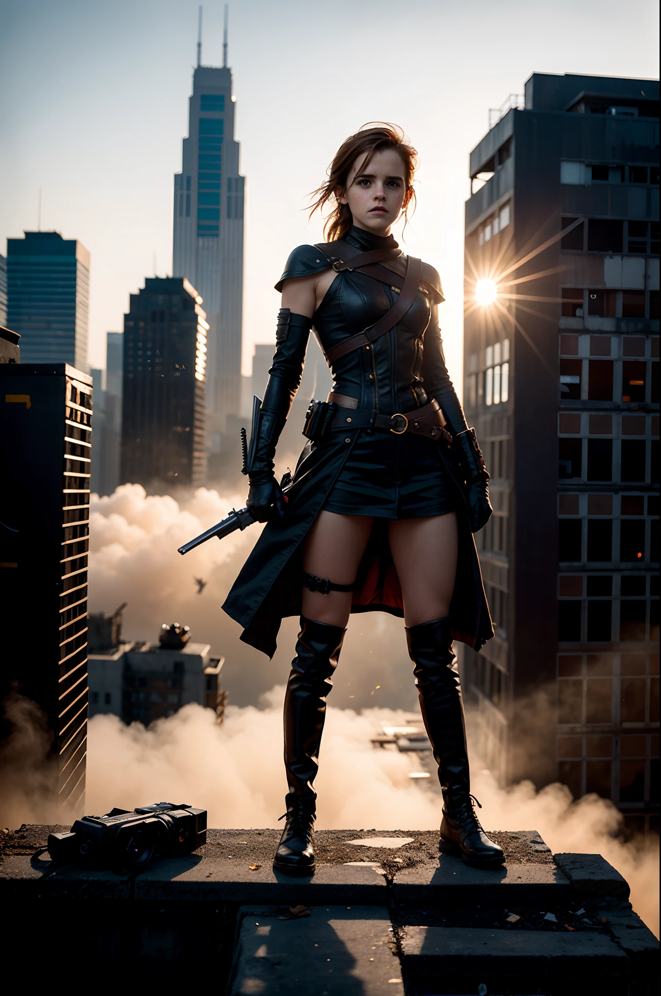 Emma Watson, rebels, In a dystopian future, Emma Watson is a fearless leader of a rebel faction. She stands tall on a desolate rooftop, overlooking the ruined city below. The setting sun casts a warm, orange glow on the decaying buildings, creating a hauntingly beautiful backdrop. Emma's attire is a mix of practical combat gear and a touch of elegance, symbolizing the balance between strength and humanity. Photographed by Tim Walker with a Sony A7III and a 50mm lens, using a blend of natural and artificial light sources, creating a cinematic, high-contrast effect. 8K, Ultra-HD, Super-Resolution