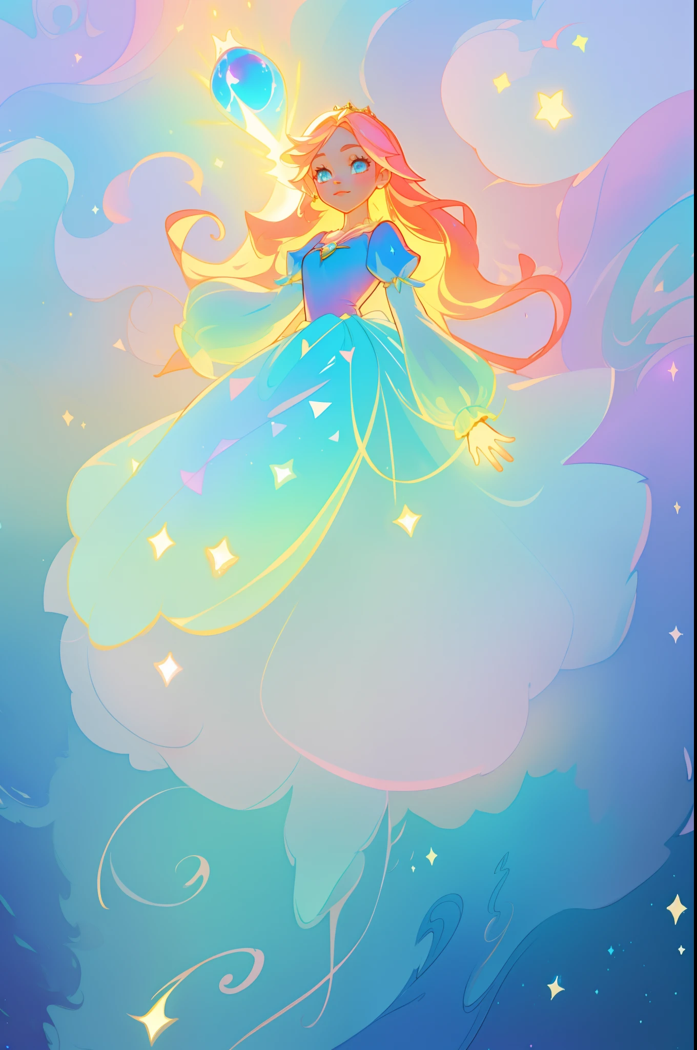 beautiful girl, puffy tiered princess ballgown with puffy long sleeves, vibrant pastel colors, (colorful), glowing golden long hair, magical lights, sparkling magical liquid, inspired by Glen Keane, inspired by Lois van Baarle, disney art style, by Lois van Baarle, glowing aura around her, by Glen Keane, jen bartel, glowing lights! digital painting, flowing glowing hair, glowing flowing hair, beautiful digital illustration, fantasia background, whimsical, magical, fantasy, ((beautiful face)), ((masterpiece, best quality)), intricate details, highly detailed, sharp focus, 8k resolution, sparkling detailed eyes, liquid watercolor