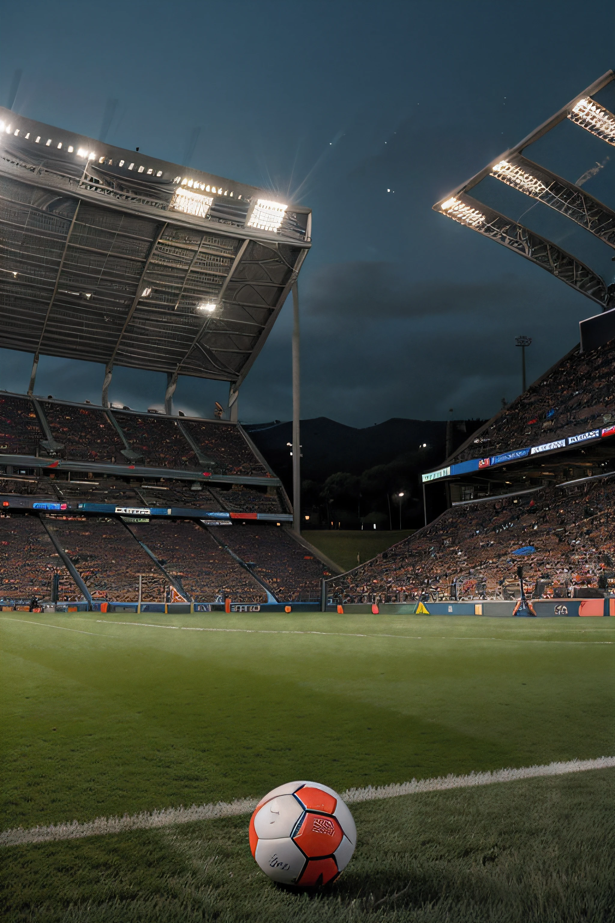 A soccer ball on the field of a stadium with lights, high definition background, Sports photography, Soccer ball, ambiente real, beautiful high resolution, 2263539546], Epic and breathtaking atmosphere, amazing wallpaper, futebol, Fondo de escritorio, Fondo de pantalla de alta calidad, highly detailed atmosphere, el mejor de todos los tiempos, deporte, Football stadium, futebol