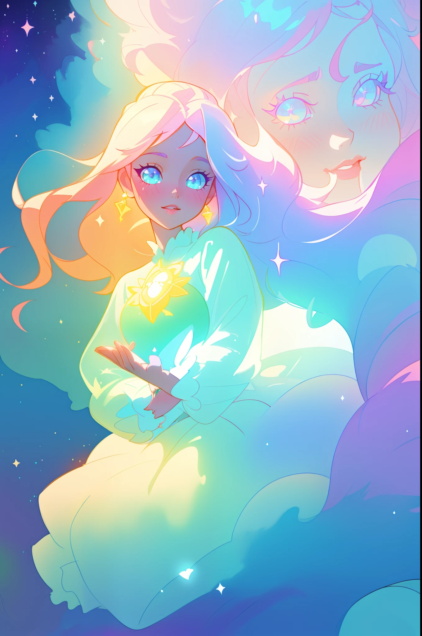 beautiful girl, puffy tiered princess ballgown with puffy long sleeves, vibrant pastel colors, (colorful), glowing golden long hair, magical lights, sparkling magical liquid, inspired by Glen Keane, inspired by Lois van Baarle, disney art style, by Lois van Baarle, glowing aura around her, by Glen Keane, jen bartel, glowing lights! digital painting, flowing glowing hair, glowing flowing hair, beautiful digital illustration, fantasia background, whimsical, magical, fantasy, ((beautiful face)), ((masterpiece, best quality)), intricate details, highly detailed, sharp focus, 8k resolution, sparkling detailed eyes, liquid watercolor