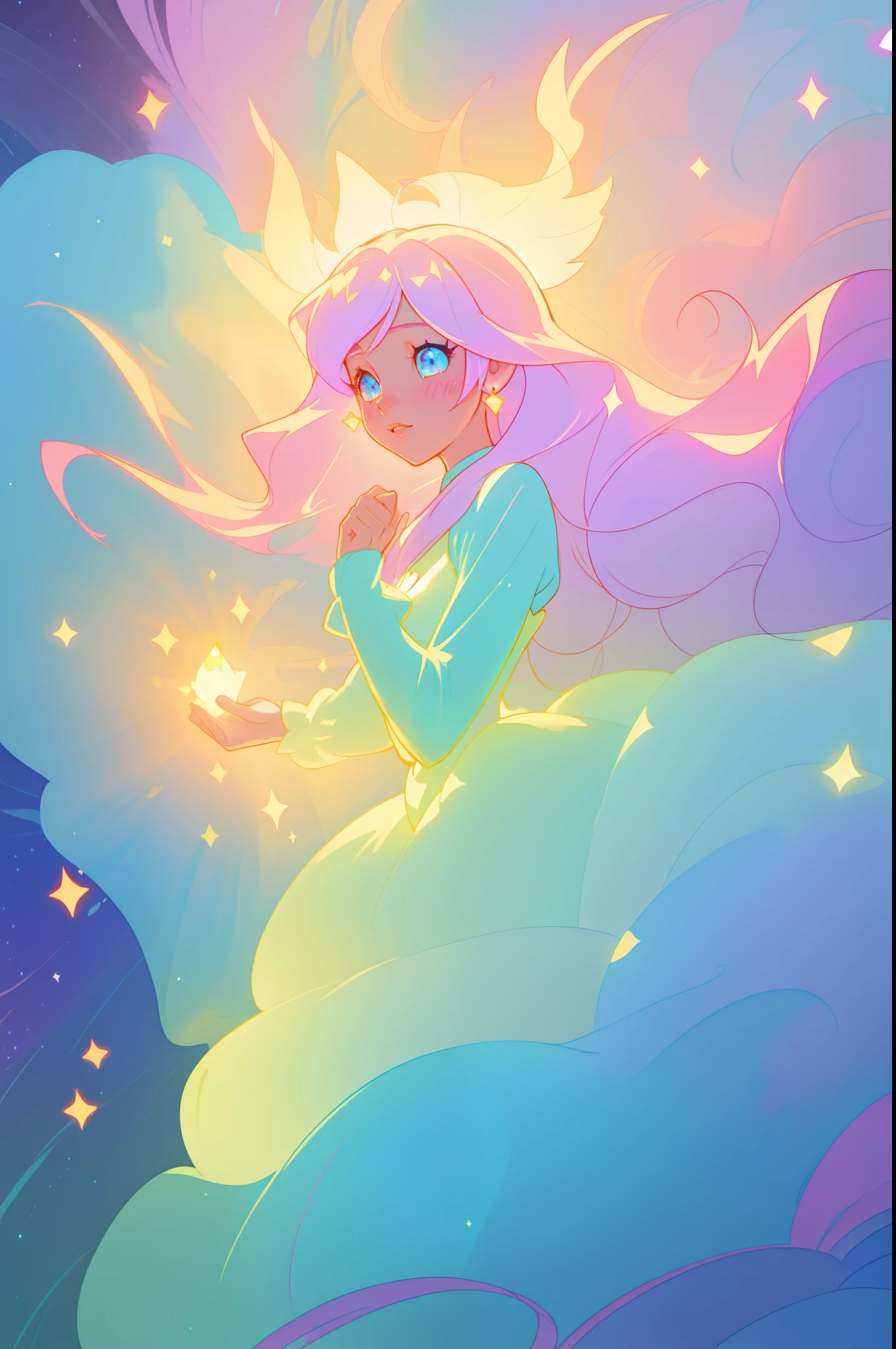 beautiful girl, puffy tiered princess ballgown with puffy long sleeves, vibrant pastel colors, (colorful), glowing golden long hair, magical lights, sparkling magical liquid, inspired by Glen Keane, inspired by Lois van Baarle, disney art style, by Lois van Baarle, glowing aura around her, by Glen Keane, jen bartel, glowing lights! digital painting, flowing glowing hair, glowing flowing hair, beautiful digital illustration, fantasia background, whimsical, magical, fantasy, ((beautiful face)), ((masterpiece, best quality)), intricate details, highly detailed, sharp focus, 8k resolution, sparkling detailed eyes, liquid watercolor
