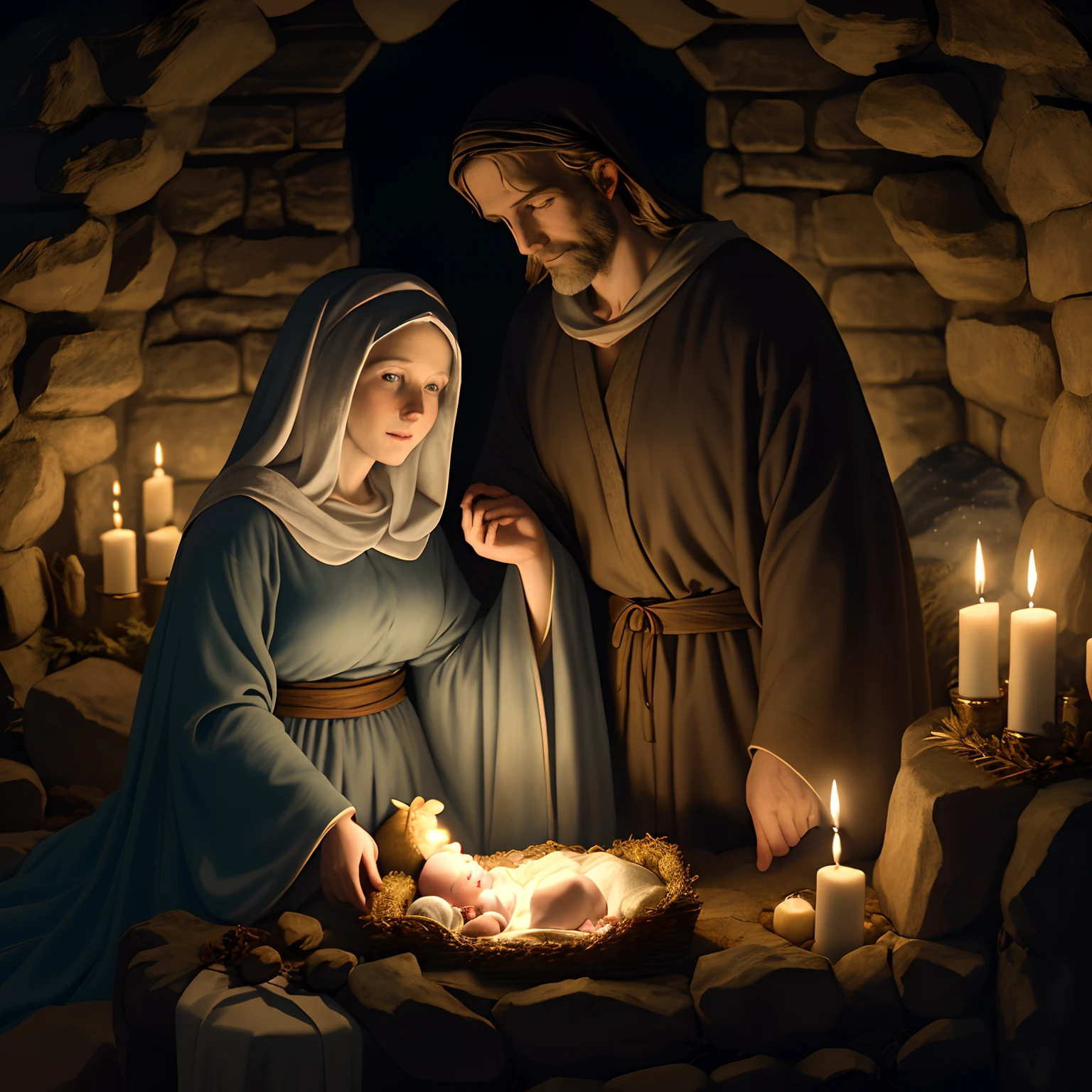 A depiction of the night of birth, with Mary and Joseph in front of the manger, Observing the newborn Jesus.