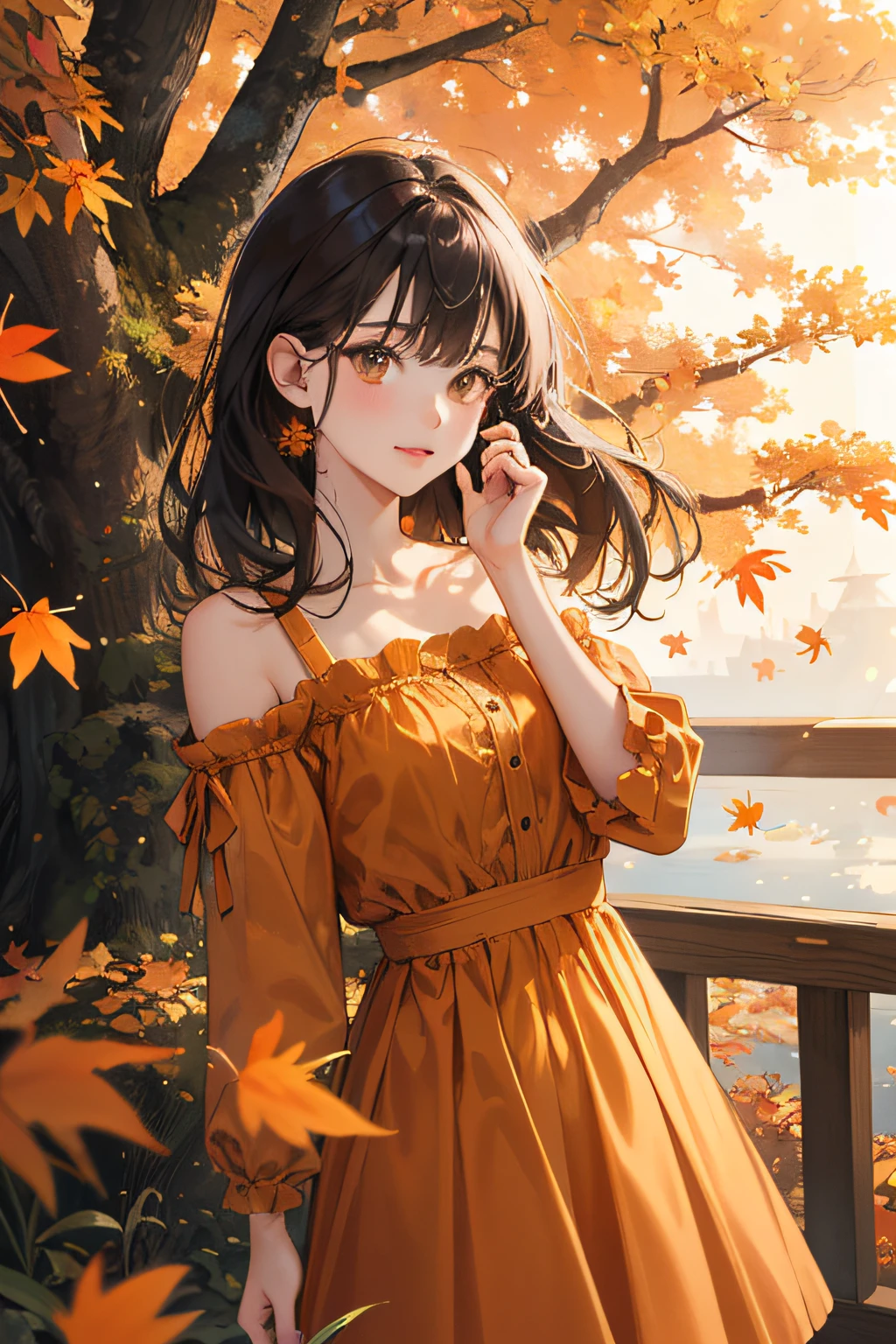 (masterpiece, best quality, high quality, highres, ultra-detailed), autumn scenery, falling leaves, warm color. 1girl, beautiful, pretty, orange dress