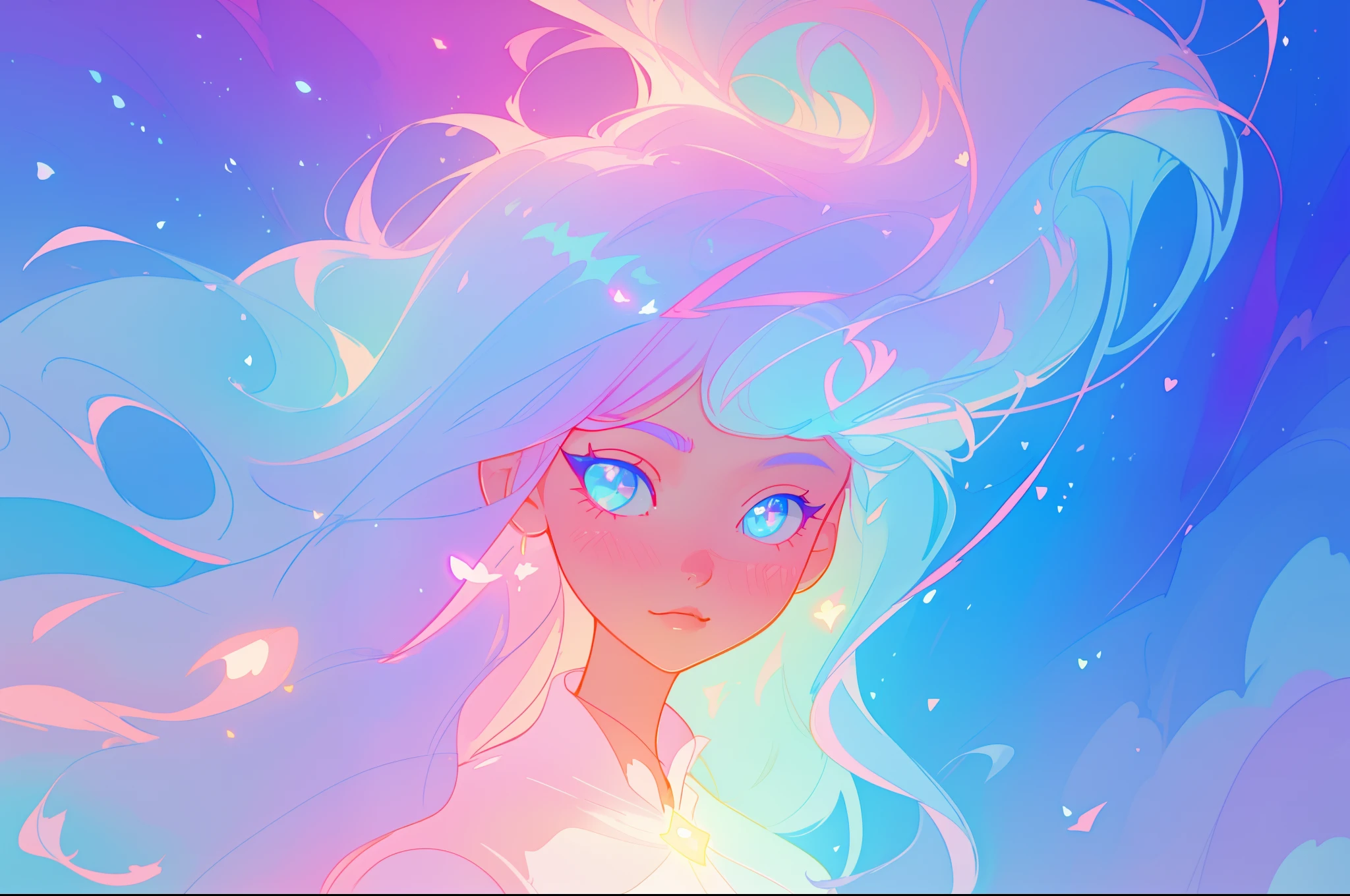 beautiful girl, vibrant pastel colors, vibrant pastel colors, flowing white dress(colorful), magical lights, long flowing colorful hair, inspired by Glen Keane, inspired by Lois van Baarle, disney art style, by Lois van Baarle, glowing aura around her, by Glen Keane, jen bartel, glowing lights! digital painting, flowing glowing hair, glowing flowing hair, beautiful digital illustration, fantasia background, whimsical, magical, fantasy, beautiful face, ((masterpiece, best quality)), intricate details, highly detailed, sharp focus, 8k resolution, sparkling detailed eyes, liquid watercolor