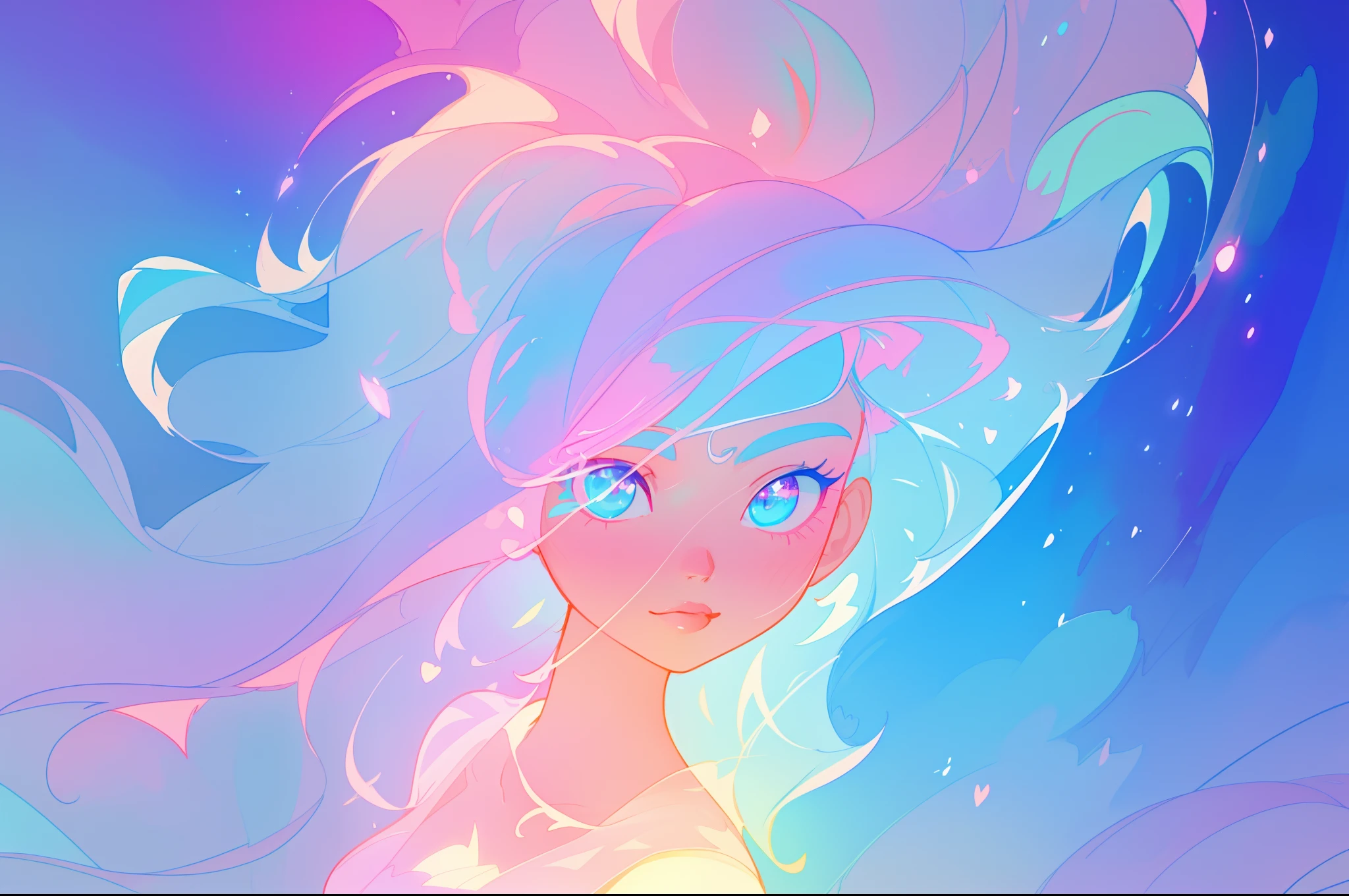 beautiful girl, vibrant pastel colors, vibrant pastel colors, flowing white dress(colorful), magical lights, long flowing colorful hair, inspired by Glen Keane, inspired by Lois van Baarle, disney art style, by Lois van Baarle, glowing aura around her, by Glen Keane, jen bartel, glowing lights! digital painting, flowing glowing hair, glowing flowing hair, beautiful digital illustration, fantasia background, whimsical, magical, fantasy, beautiful face, ((masterpiece, best quality)), intricate details, highly detailed, sharp focus, 8k resolution, sparkling detailed eyes, liquid watercolor