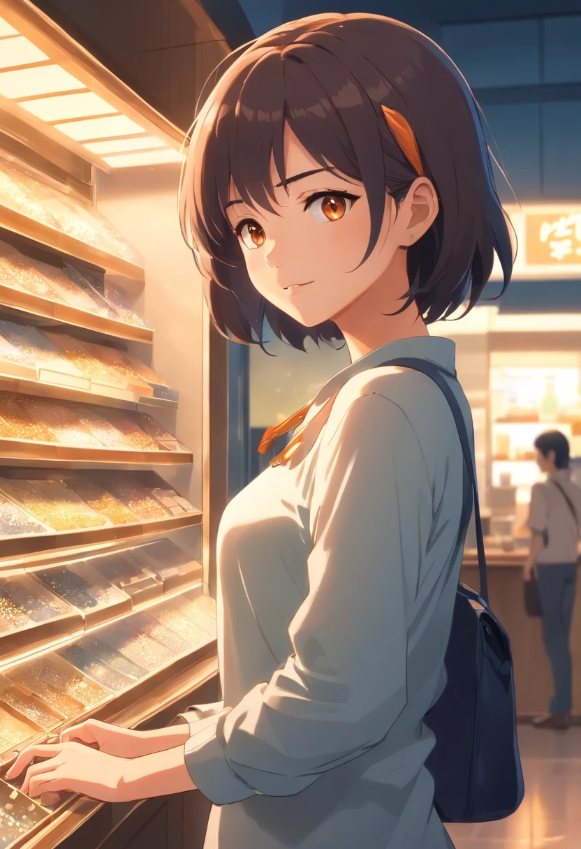 "Young woman with short orange and black hair at the nape of her neck, dark brown eyes, and tan skin. She works in a jewelry store, so dress her accordingly for this profession. She is working behind the jewelry counter while assisting a couple who want to buy a ring. All three of them appear very cheerful. Use warm tones for the lighting."