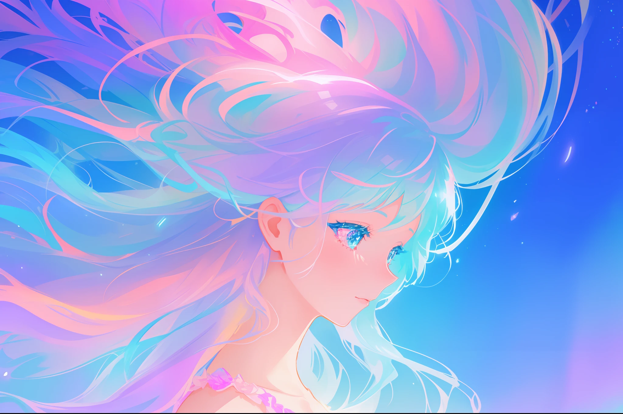 beautiful girl, vibrant pastel colors, vibrant pastel colors, flowing white dress(colorful), magical lights, long flowing colorful hair, inspired by Glen Keane, inspired by Lois van Baarle, disney art style, by Lois van Baarle, glowing aura around her, by Glen Keane, jen bartel, glowing lights! digital painting, flowing glowing hair, glowing flowing hair, beautiful digital illustration, fantasia background, whimsical, magical, fantasy, beautiful face, ((masterpiece, best quality)), intricate details, highly detailed, sharp focus, 8k resolution, sparkling detailed eyes, liquid watercolor