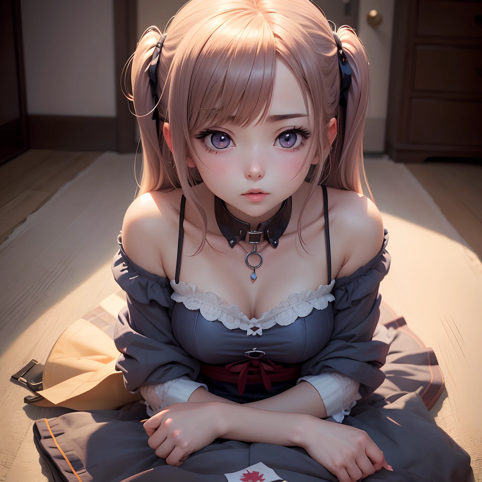 Best Quality, Masterpiece, high resolution, 1 girl, chinese dress, hair ornament, collar, jewelry, beautiful face, upon_body, Tyndall effect, photorealistic, dark studio, edge lighting, Two tone lighting, (very detailed skin:1.2), 8k hd, DSLR, soft lighting, high quality, volumetric lighting, sincere, Photography, high resolution, 4k, 8k, bokeh, medium breasts, Ochako Uraraka, , sport thong, topless, medium breasts, bedroom, front, sunset