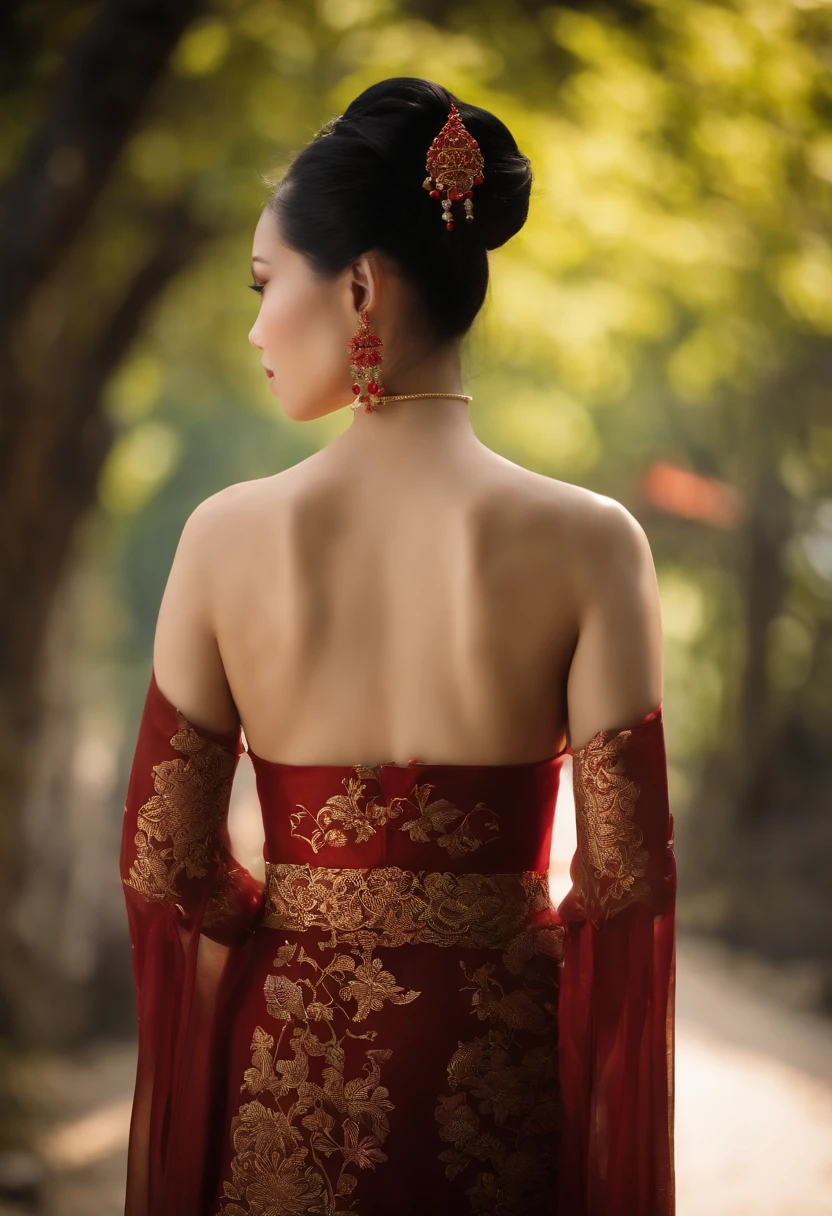 8K, Meisterwerk, RAW-Foto, best qulaity, Fotorealistik, hochdetailliertes CG Unity 8k Hintergrundbild, Depth of field, Filmisches Licht, Blendenflecke, Raytracing, (an extremely beautiful face, beautiful lips, gorgeous eyes), Gesicht mit komplizierten Details, (Ultra-detaillierte Haut), 1人, dunkel, in tiefen Schatten, Beautiful Vietnamese girl from behind, (Vietnamesisches Modell mit Ao Dai), (sleeveless), (verschwommener Hintergrund), Late autumn, (ohne Menschen dahinter:1.3), beautiful earrings, Armbands, Halskette, Strumpfhose, Klare Augen, Gehen, (blasse haut), (Großaugen), blick nach vorne, (Froschperspektive), View from the road surface, (Schwarzes Haar), (Kleid), (durchsichtig), (Blick zur Seite) very thin, (Schuss von hinten), durchsichtig, Buttocks of medium size,. Model goes out on the street in backlight, ((Ansicht von hinten)), Shadows on the road, Young woman in tight-fitting traditional Vietnamese Áo dài from behind on the street