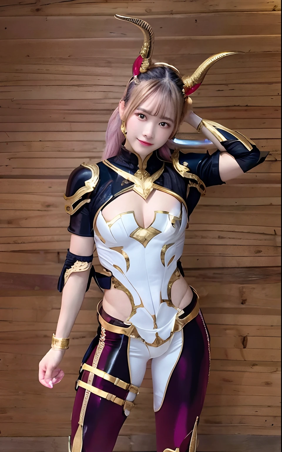 muscular complexion, Brilliant golden armor with pink metillic details, red horn