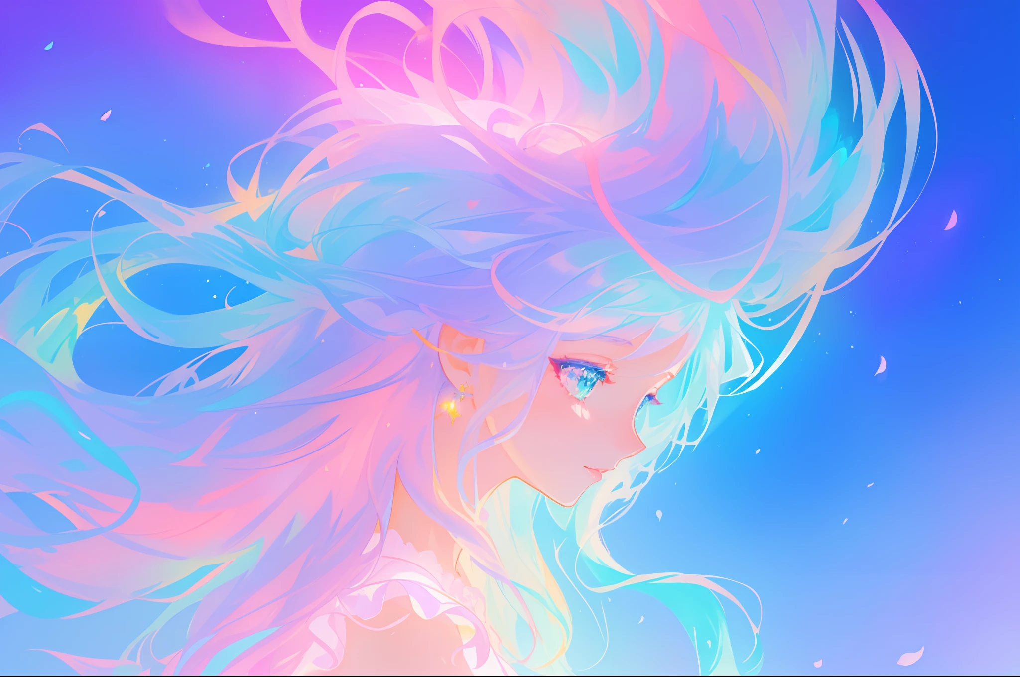 beautiful girl, vibrant pastel colors, vibrant pastel colors, flowing white dress(colorful), magical lights, long flowing colorful hair, inspired by Glen Keane, inspired by Lois van Baarle, disney art style, by Lois van Baarle, glowing aura around her, by Glen Keane, jen bartel, glowing lights! digital painting, flowing glowing hair, glowing flowing hair, beautiful digital illustration, fantasia background, whimsical, magical, fantasy, beautiful face, ((masterpiece, best quality)), intricate details, highly detailed, sharp focus, 8k resolution, sparkling detailed eyes, liquid watercolor