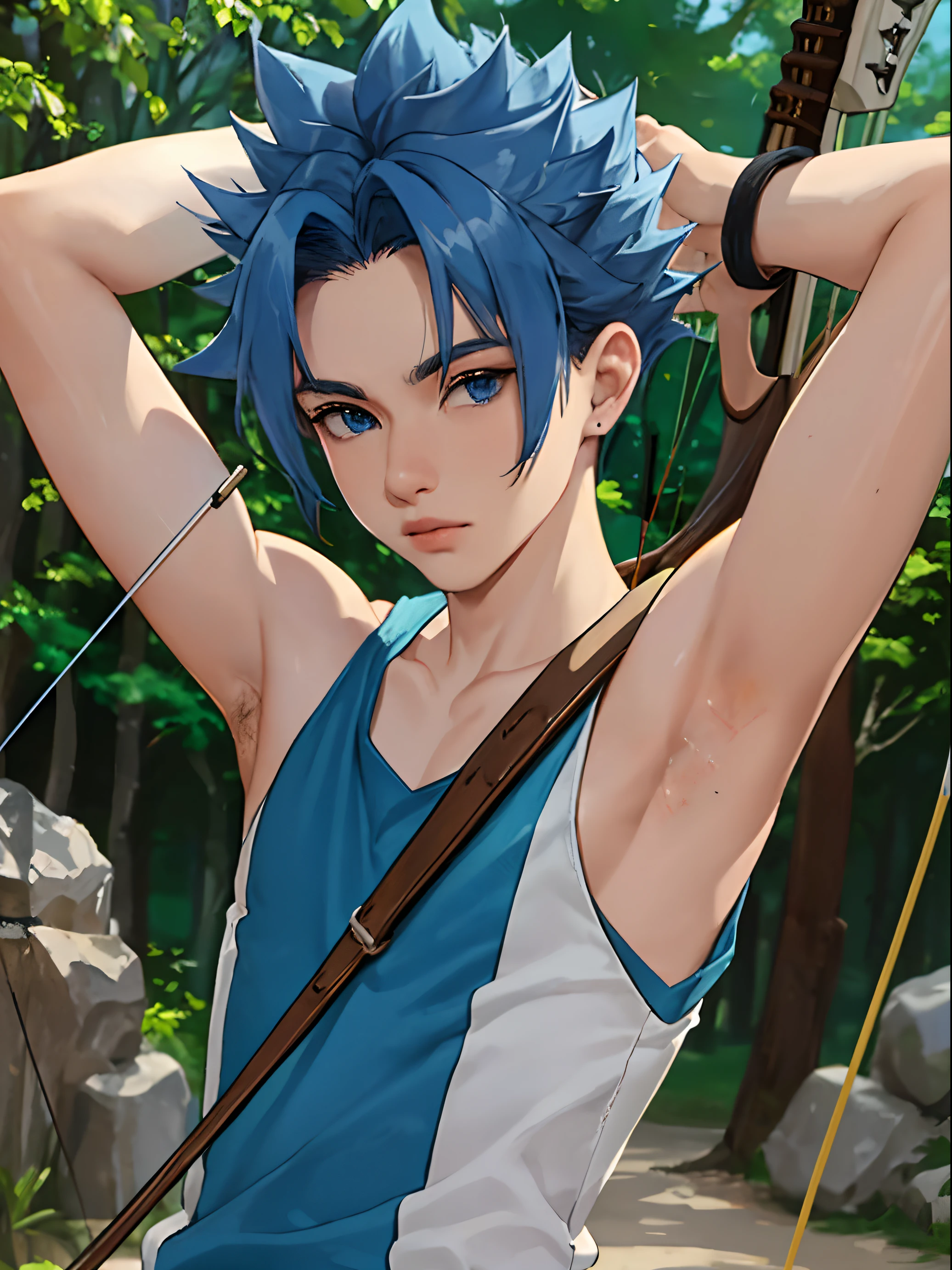 masterpiece, best quality, high quality, 1boy, solo, male focus, looking at viewer, upper body, arden, blue hair, blue eyes,doing archery, sleeveless shirt, (armpit:1.2)