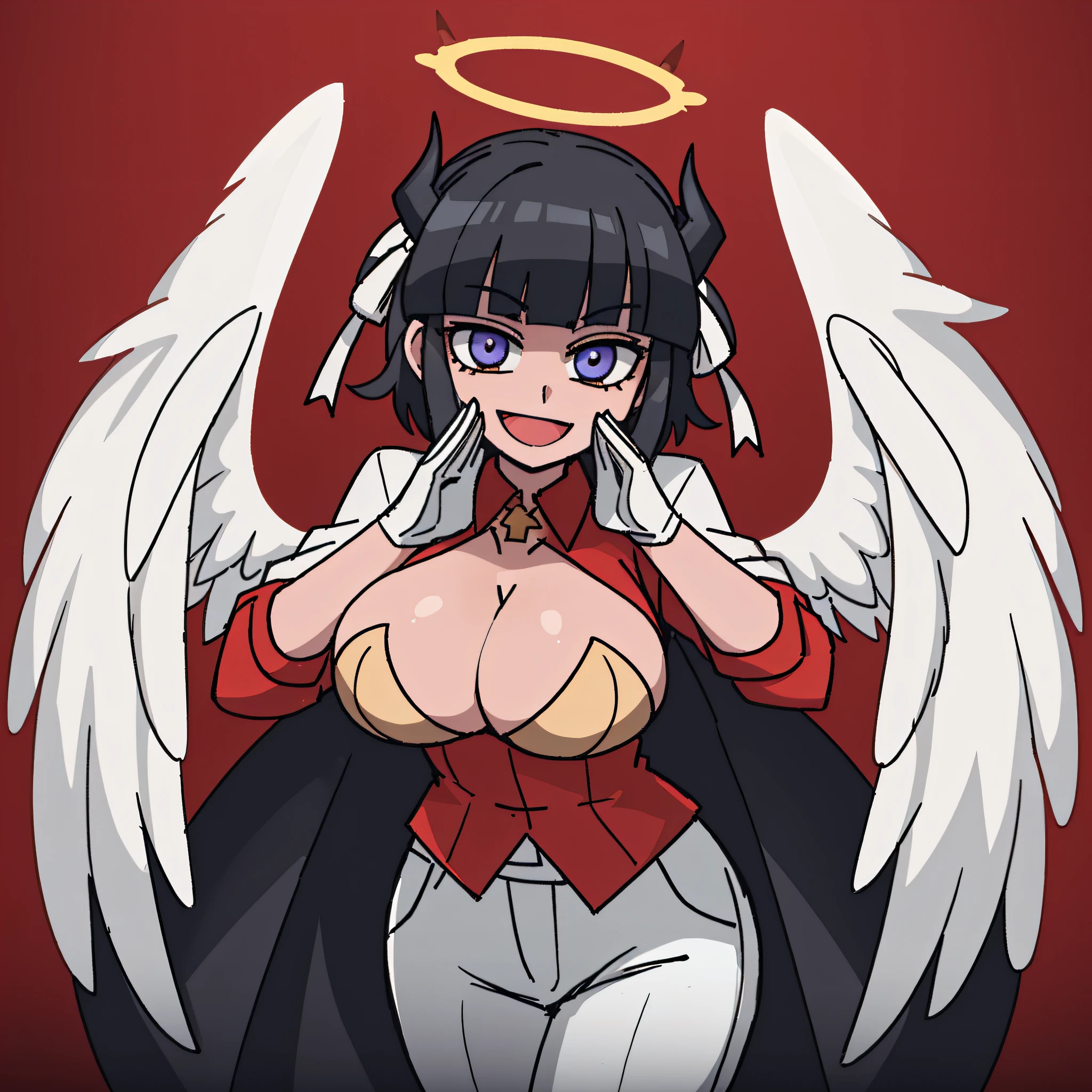 2d, masterpiece, best quality, highly detailed eyes, highly detailed face, cowboy shot, feet out of frame, 1girl, solo, standing, black background, red background, helltaker, azazel \(helltaker\), white shirt, white pants, gold trim, halo, angel, black hair, short hair, white ribbon, hair ribbon, light blue eyes, looking at viewer, smile, open mouth, hand on own face, straight-on, big breasts, grabbing breasts, stranger grabbing breasts