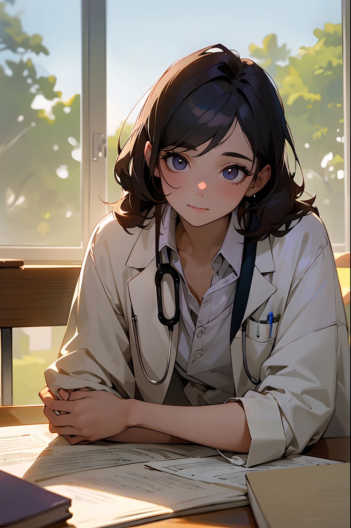 "A close-up portrait of a young person wearing a white lab coat and stethoscope around their neck. They have dark circles under their eyes and their head is resting in one hand, elbow propped up on a desk covered with open textbooks and notes. The setting is a small, cluttered study area with late afternoon sunlight streaming in through a window."
