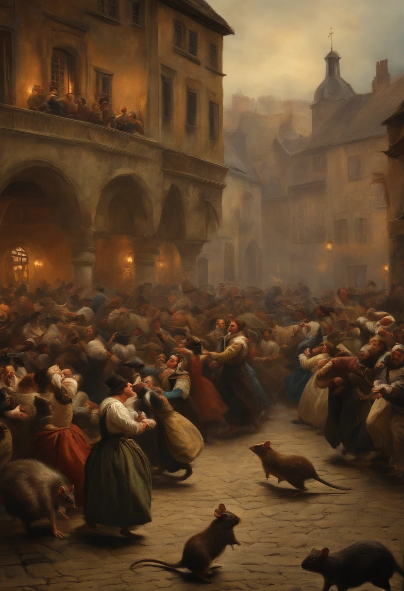 Rats, Panic in the town square, People running, crowd, 17th century,