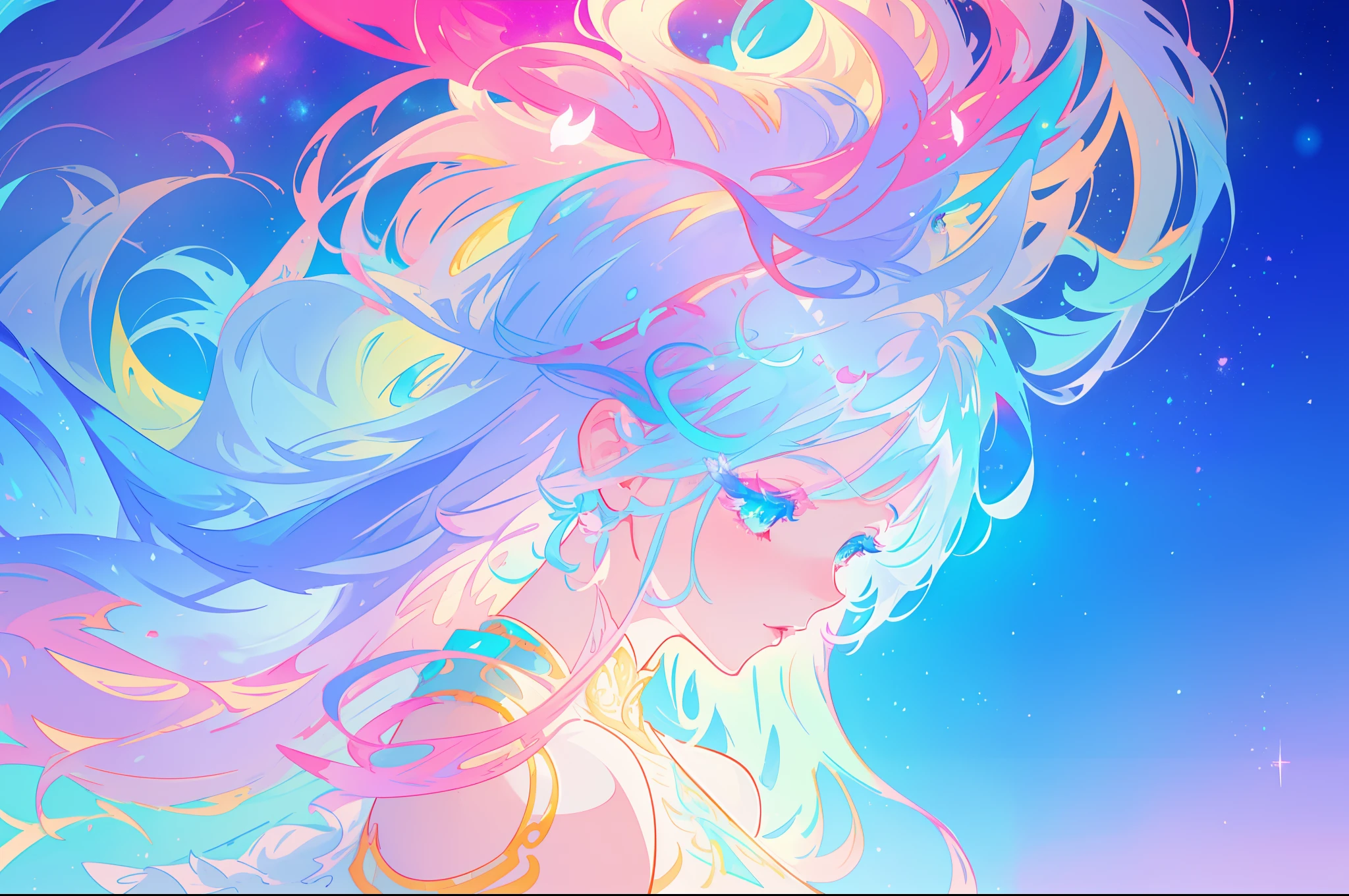 beautiful girl, vibrant pastel colors, vibrant pastel colors, flowing white dress(colorful), magical lights, long flowing colorful hair, inspired by Glen Keane, inspired by Lois van Baarle, disney art style, by Lois van Baarle, glowing aura around her, by Glen Keane, jen bartel, glowing lights! digital painting, flowing glowing hair, glowing flowing hair, beautiful digital illustration, fantasia background, whimsical, magical, fantasy, beautiful face, ((masterpiece, best quality)), intricate details, highly detailed, sharp focus, 8k resolution, sparkling detailed eyes, liquid watercolor