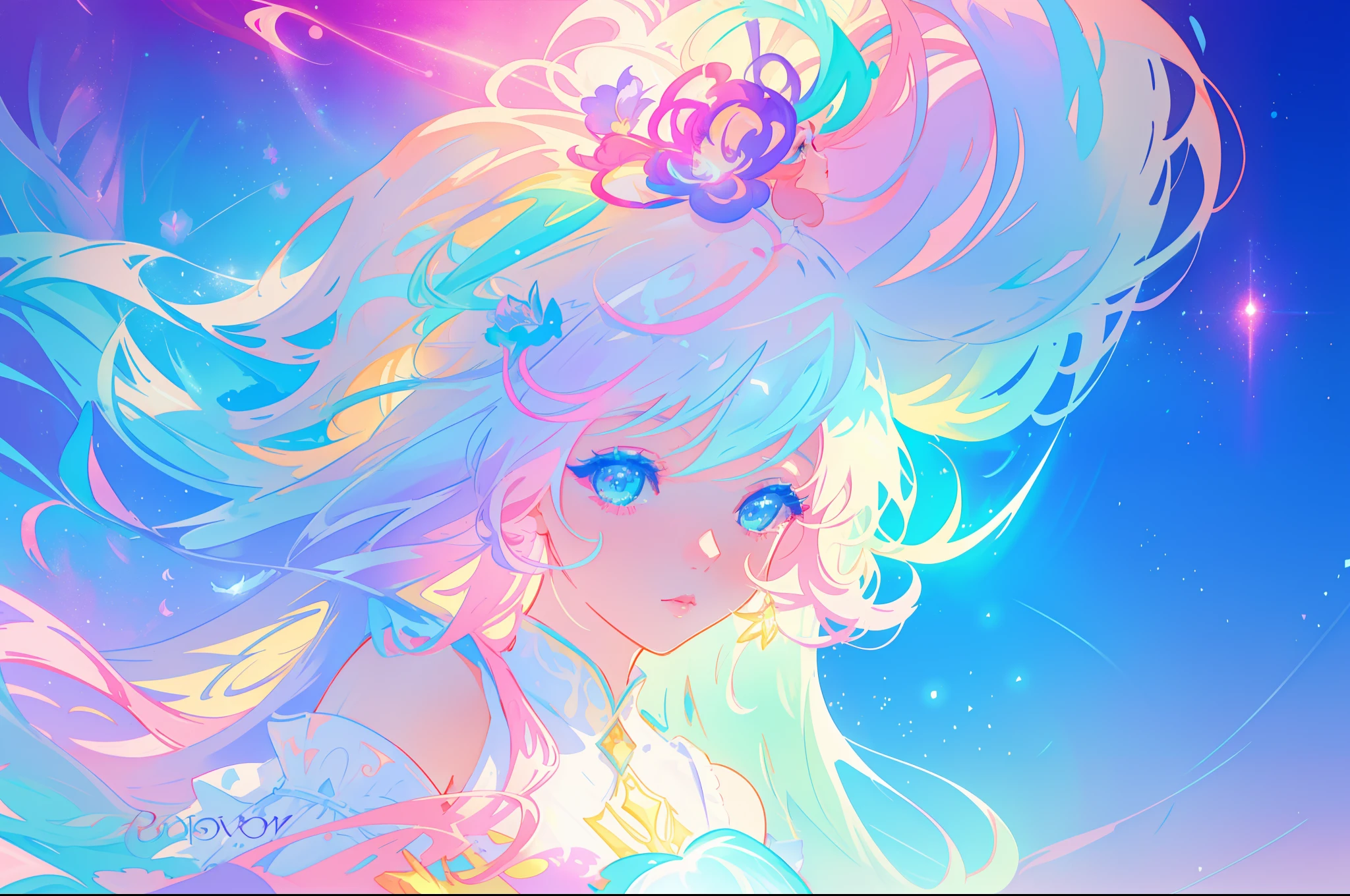 beautiful girl, vibrant pastel colors, vibrant pastel colors, flowing white dress(colorful), magical lights, long flowing colorful hair, inspired by Glen Keane, inspired by Lois van Baarle, disney art style, by Lois van Baarle, glowing aura around her, by Glen Keane, jen bartel, glowing lights! digital painting, flowing glowing hair, glowing flowing hair, beautiful digital illustration, fantasia background, whimsical, magical, fantasy, beautiful face, ((masterpiece, best quality)), intricate details, highly detailed, sharp focus, 8k resolution, sparkling detailed eyes, liquid watercolor