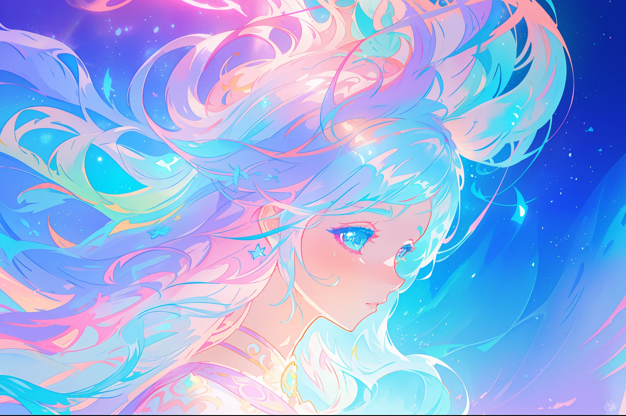 beautiful girl, vibrant pastel colors, vibrant pastel colors, flowing white dress(colorful), magical lights, long flowing colorful hair, inspired by Glen Keane, inspired by Lois van Baarle, disney art style, by Lois van Baarle, glowing aura around her, by Glen Keane, jen bartel, glowing lights! digital painting, flowing glowing hair, glowing flowing hair, beautiful digital illustration, fantasia background, whimsical, magical, fantasy, beautiful face, ((masterpiece, best quality)), intricate details, highly detailed, sharp focus, 8k resolution, sparkling detailed eyes, liquid watercolor