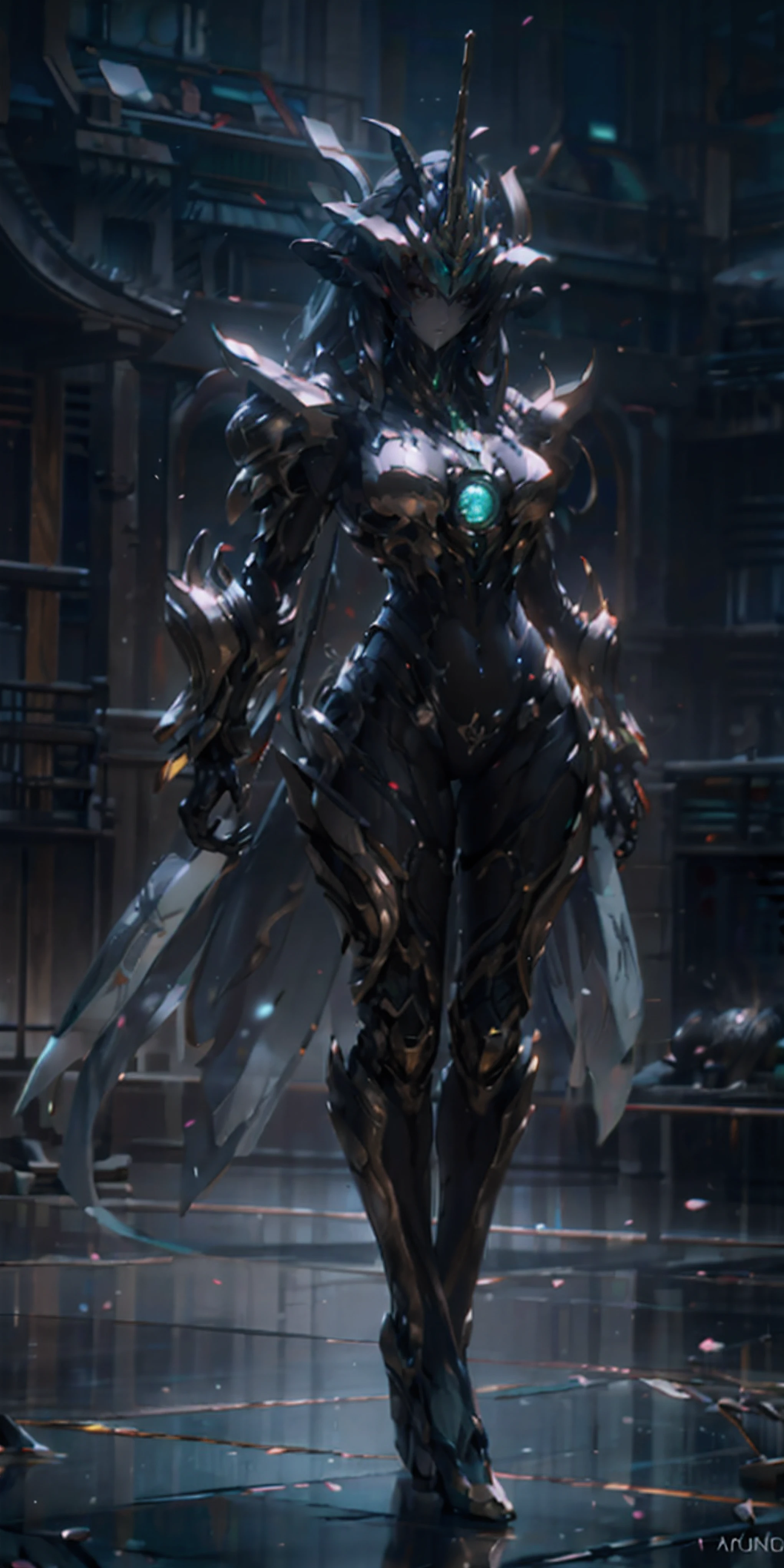 full body, 1 girl, no face, mysterious, helmet, unicorn horn, glowing wing, bodysuit,standing pose,Extreme detail expression,Ultra High Definition,Maximum Detail Display,Hyperdetail,Clear details,Amazing quality,Super details,Unbelievable,HDR,16K,details,The most authentic, Glossy metal, Dark, pov, dynamic angle, detailed light, dramatic_shadow, ray_tracing, reflection,Raw, cinematic shot, (sharp focus:1.5), (photorealistic:1.4), twilight lighting, volumetric lighting, ultra high res, 16K,dramatic lighting,