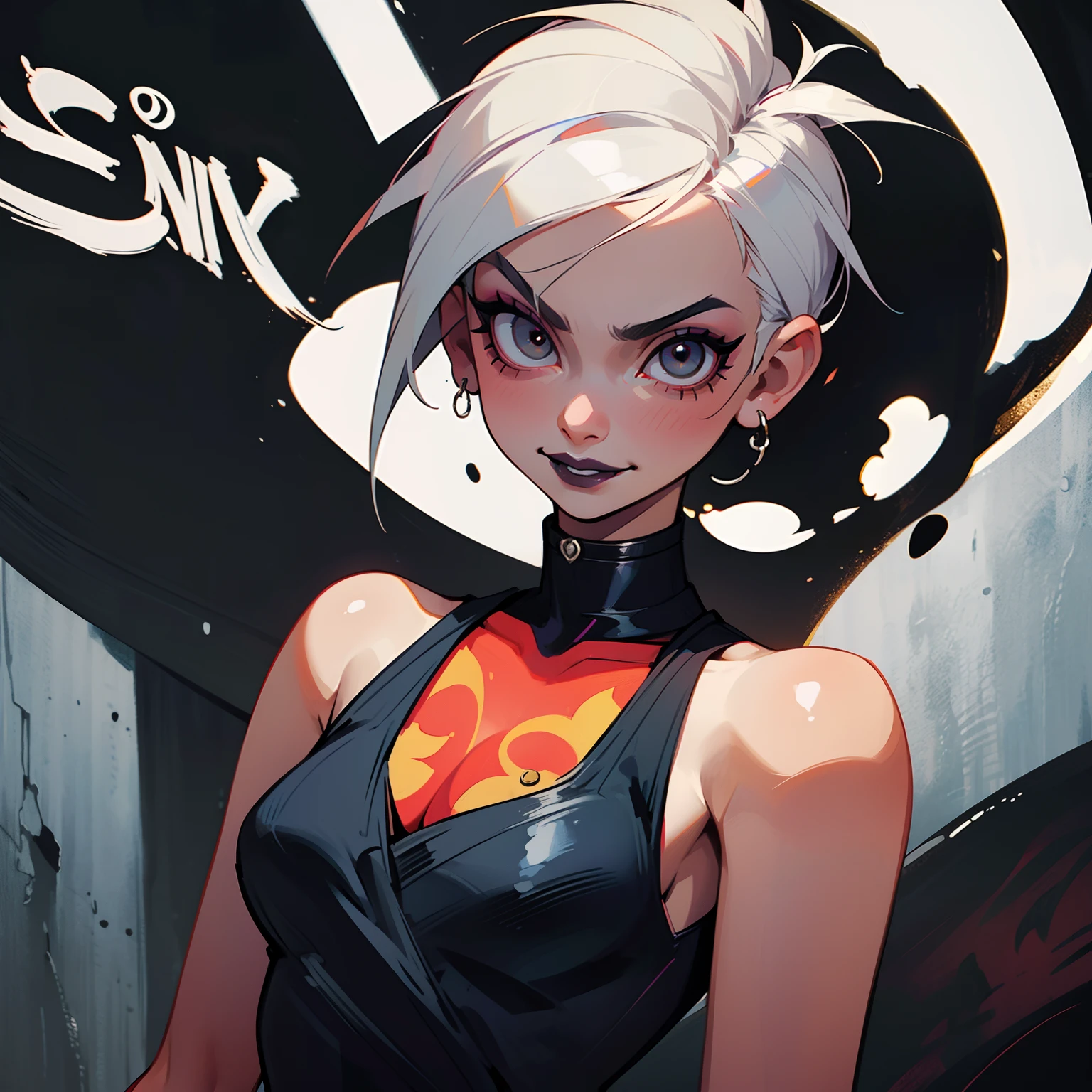 ((solo)). female character around 18/19 years old. thin body without many special attributes. wearing black clothing, a punk style outfit. she has a cheeky smile. white eyes, very short white hair too. She wears eyeliner and black lipstick on her lips. she looks a bit like a street fighter.